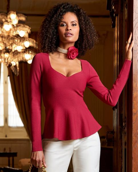 Velvet Surplice Knit Top - Red