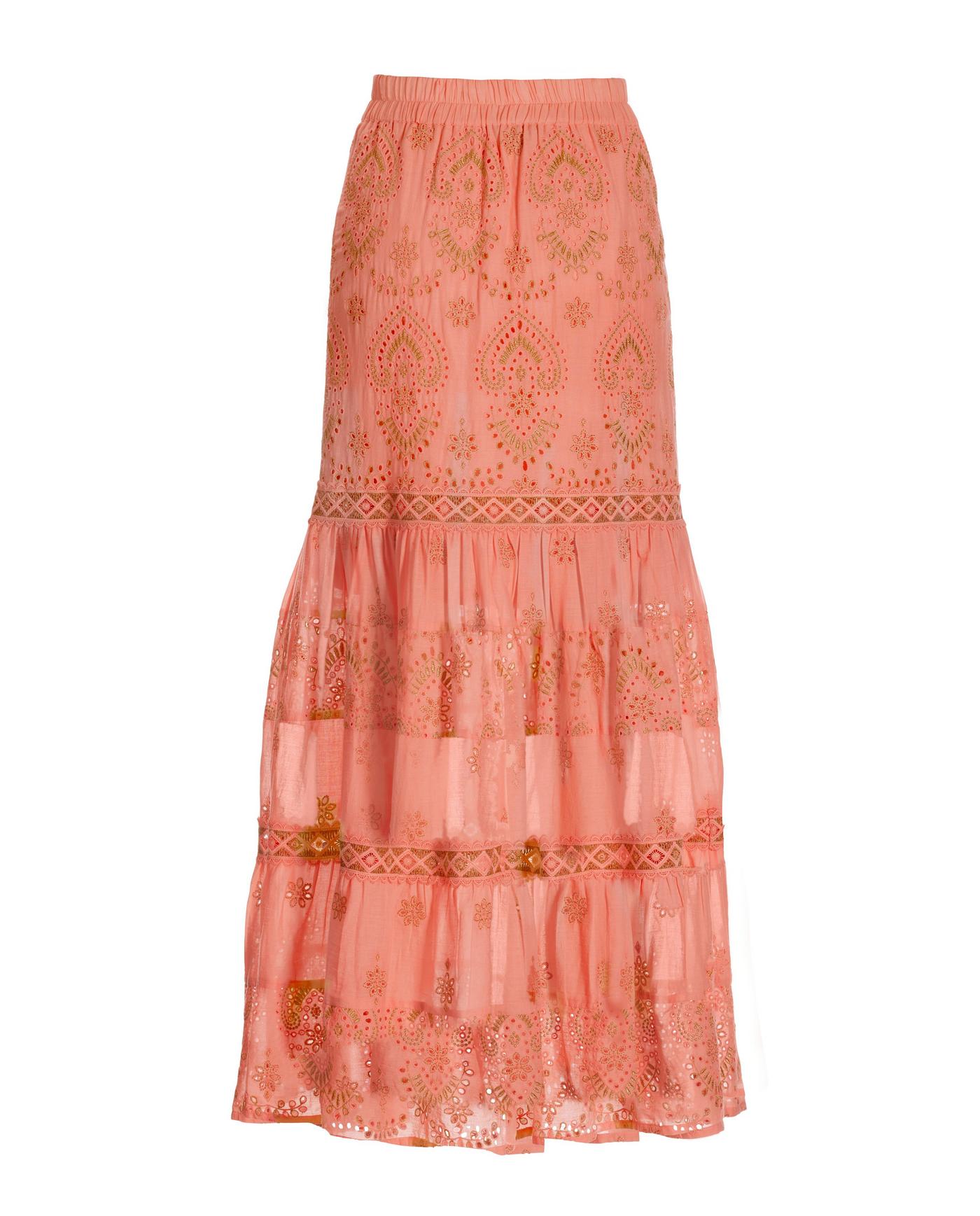 Metallic Embroidered Eyelet Maxi Skirt - Coral Orange / Gold