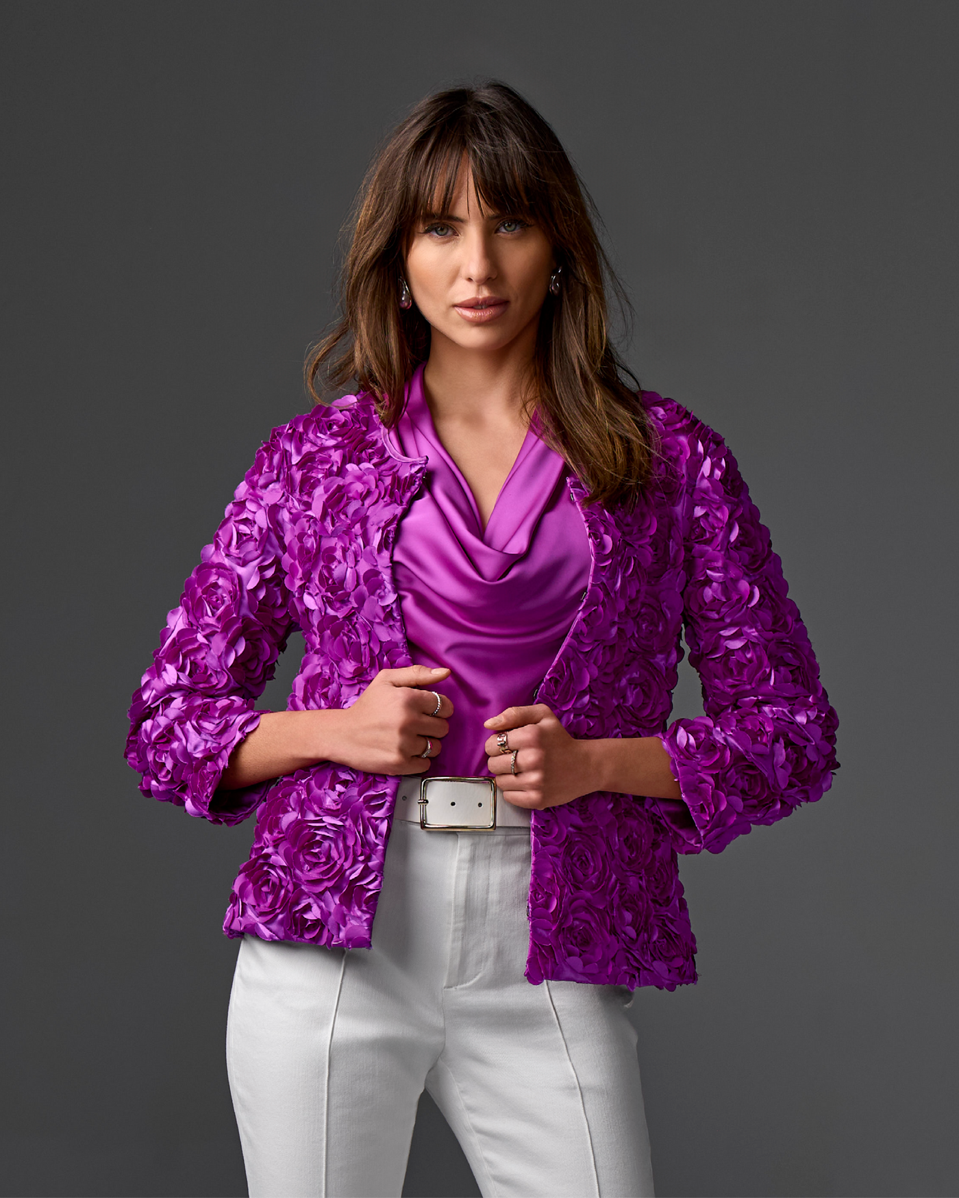 Rosette three quarter sleeve Jacket Purple Cactus Flower
