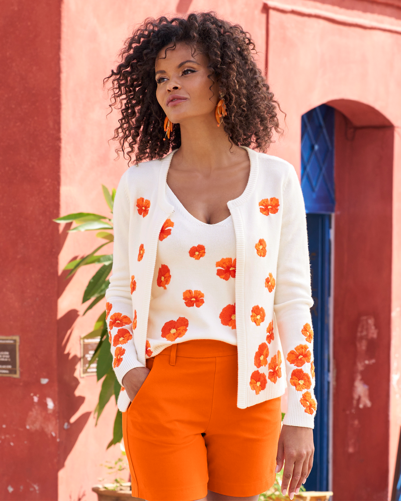 Floral Embroidered Cardigan White/Orange