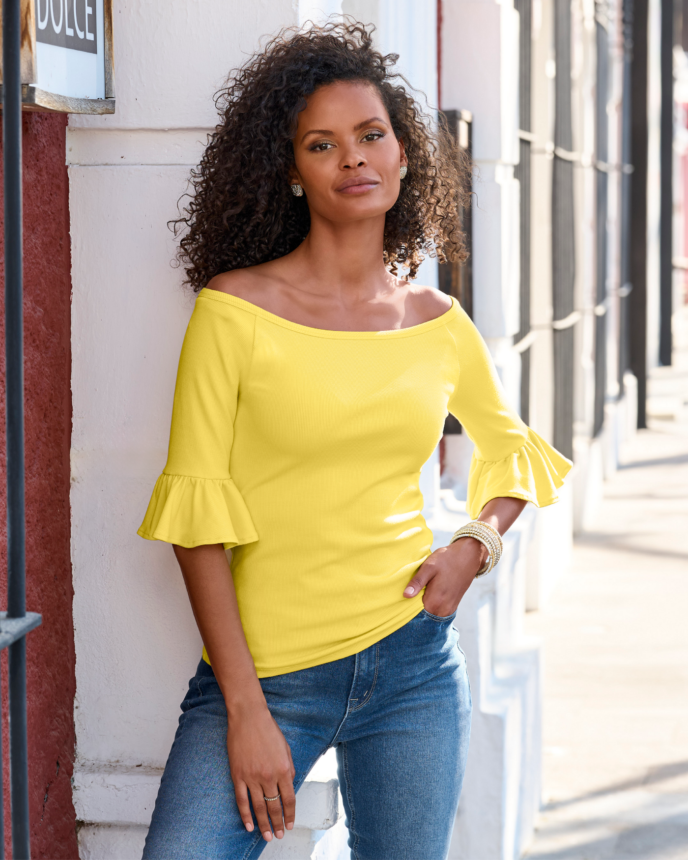 So Essential Rib Boatneck Flare Sleeve Top Lemon Drop