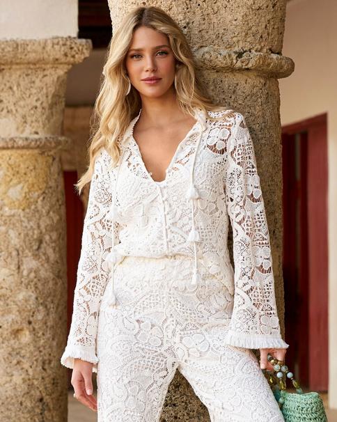 Sexy White Lace Crop Top Women V-Neck Flare Long Sleeve Blouses