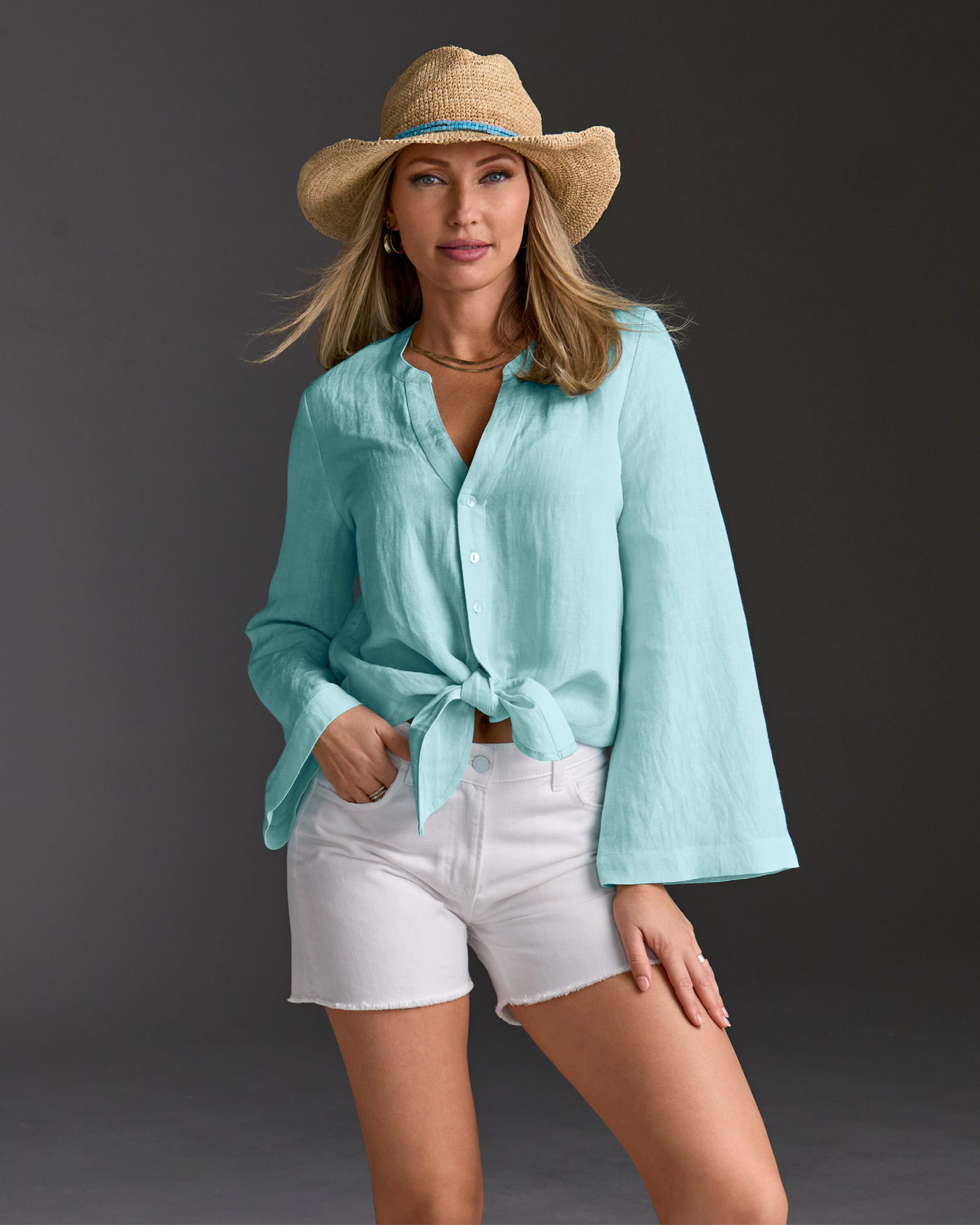 Linen Flare Sleeve Tie Front Shirt Aqua Splash