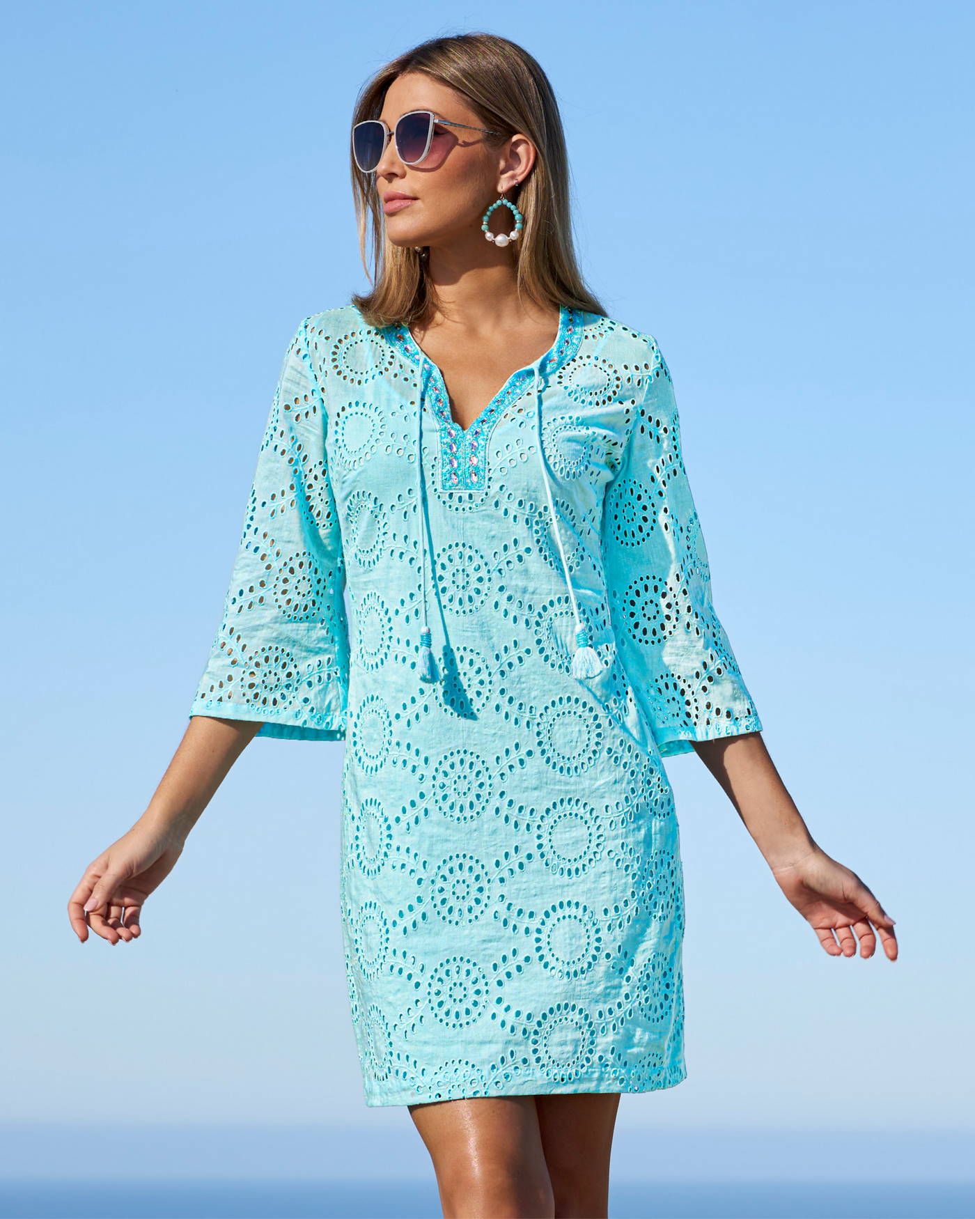 Eyelet Embellished Tunic Dress Tanager Turquoise