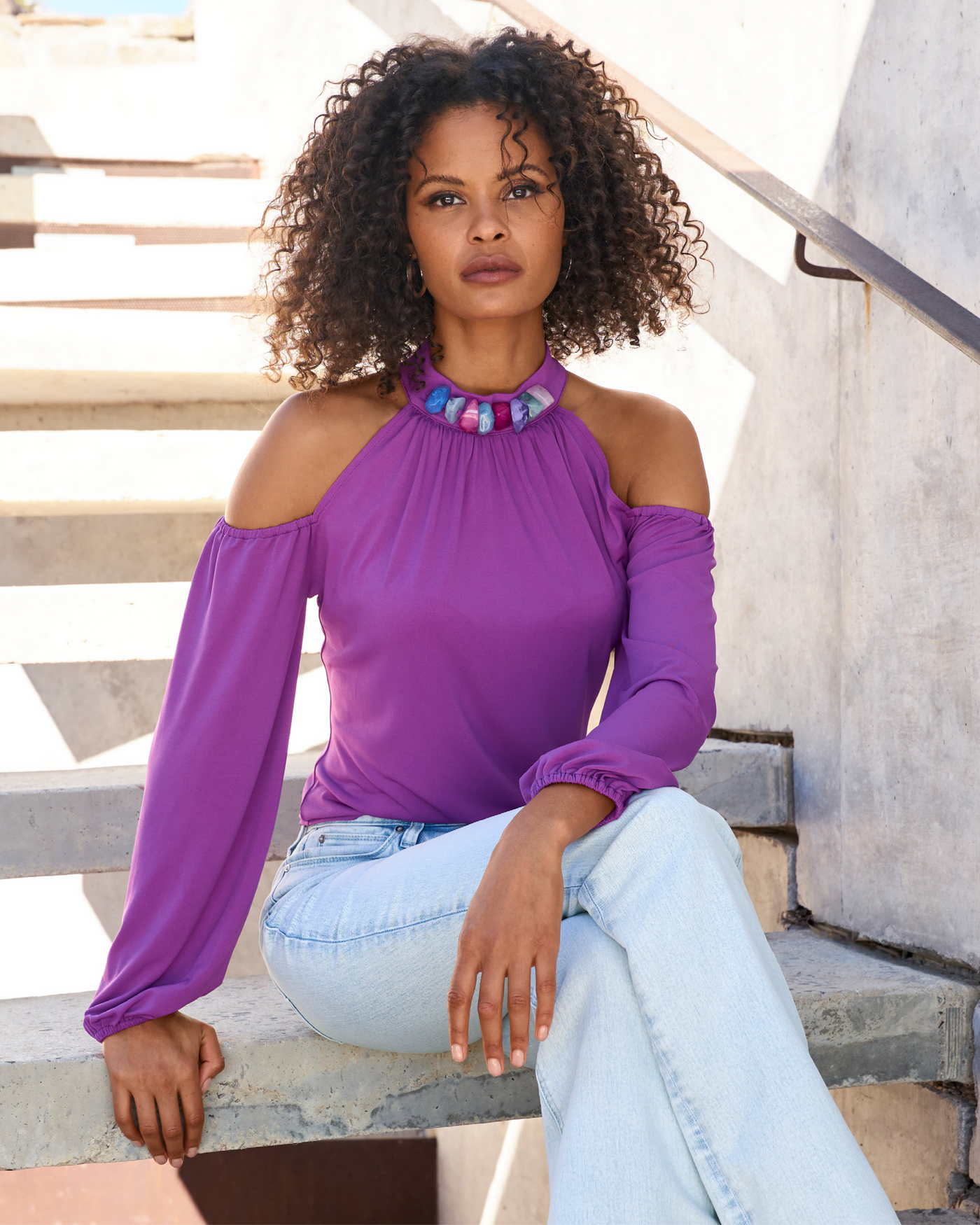 So Chic Cold Shoulder Beaded Neck Top Dahlia