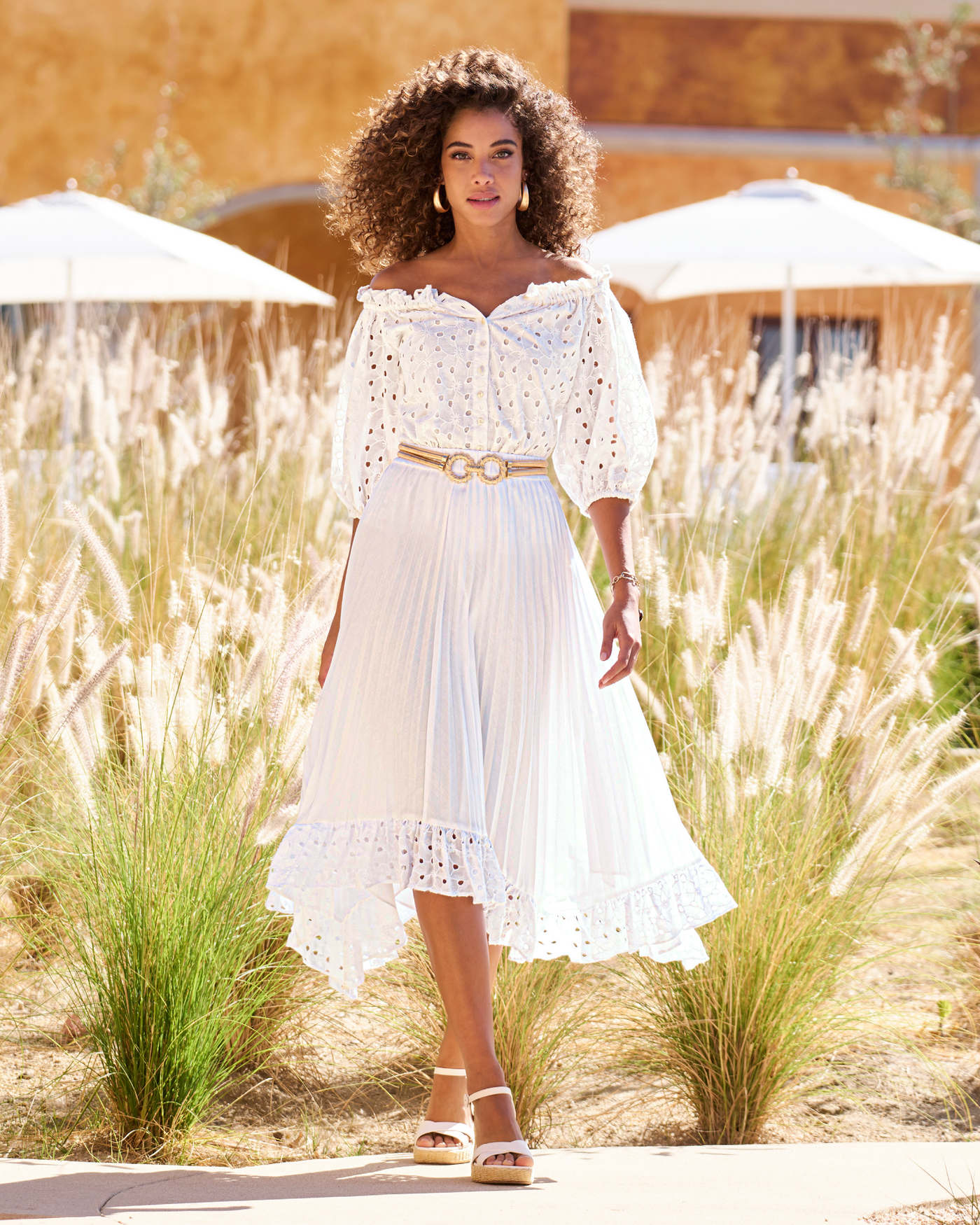 Pleated Eyelet Hem Midi Skirt Pure White