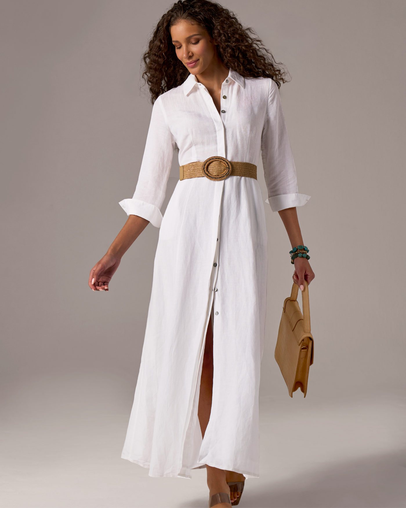 Linen Three Quarter Sleeve Maxi Shirt Dress White