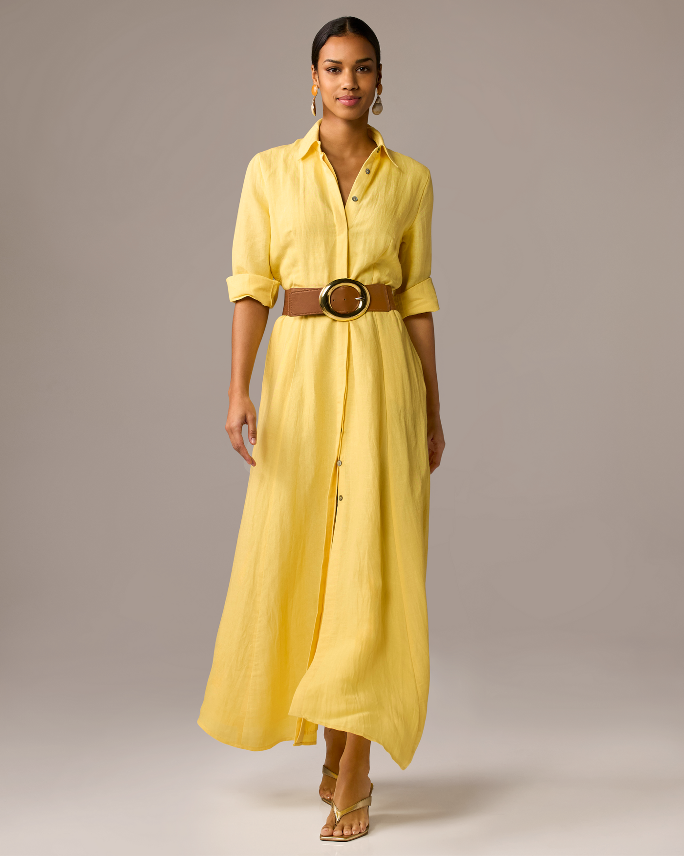 Linen Three Quarter Sleeve Maxi Shirt Dress Lemon Drop