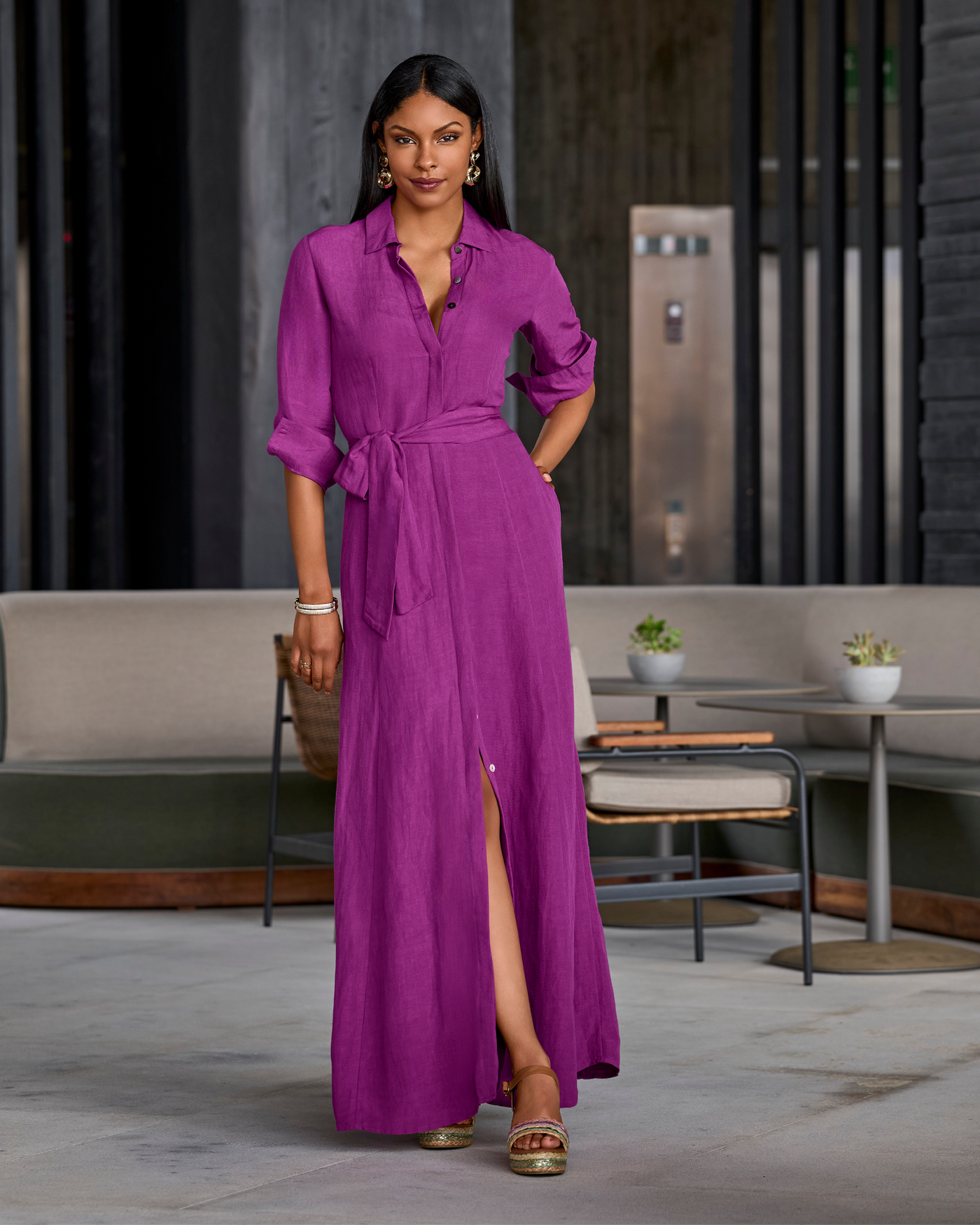 Linen Three Quarter Sleeve Maxi Shirt Dress Hollyhock