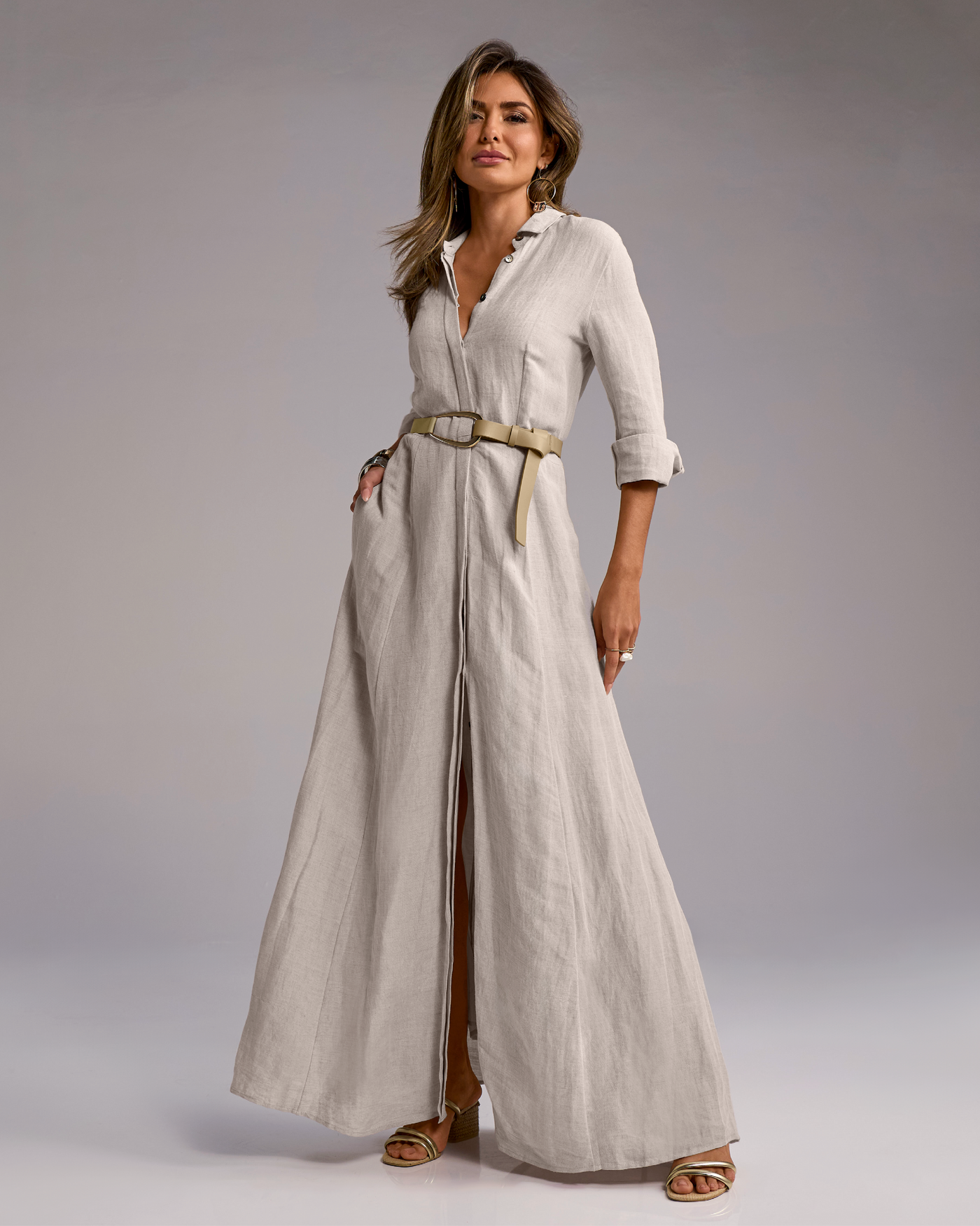 Linen Three Quarter Sleeve Maxi Shirt Dress Flax