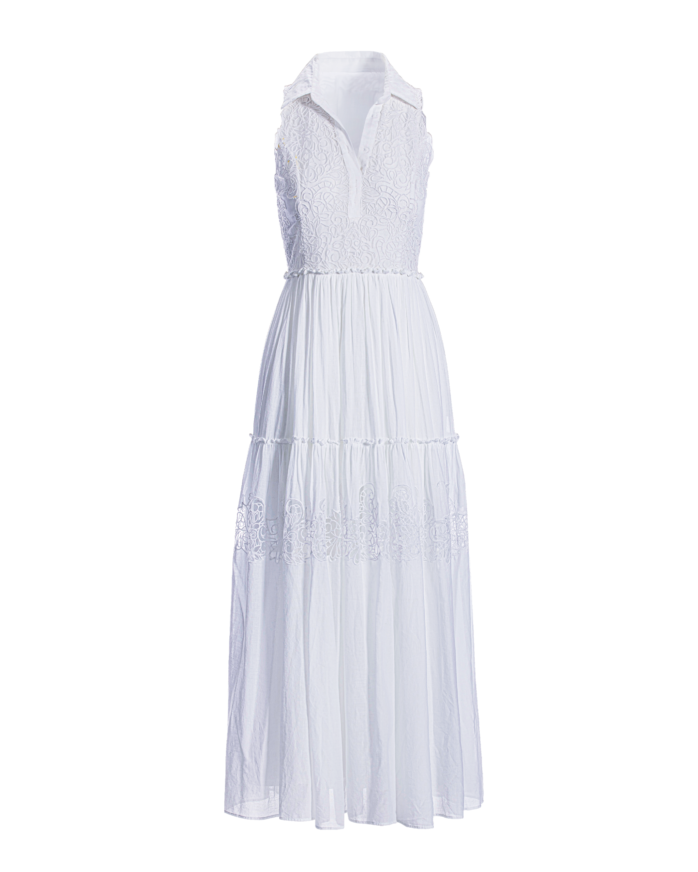 Lace Inset Tiered Ankle Length Cotton Dress - Pure White – Boston