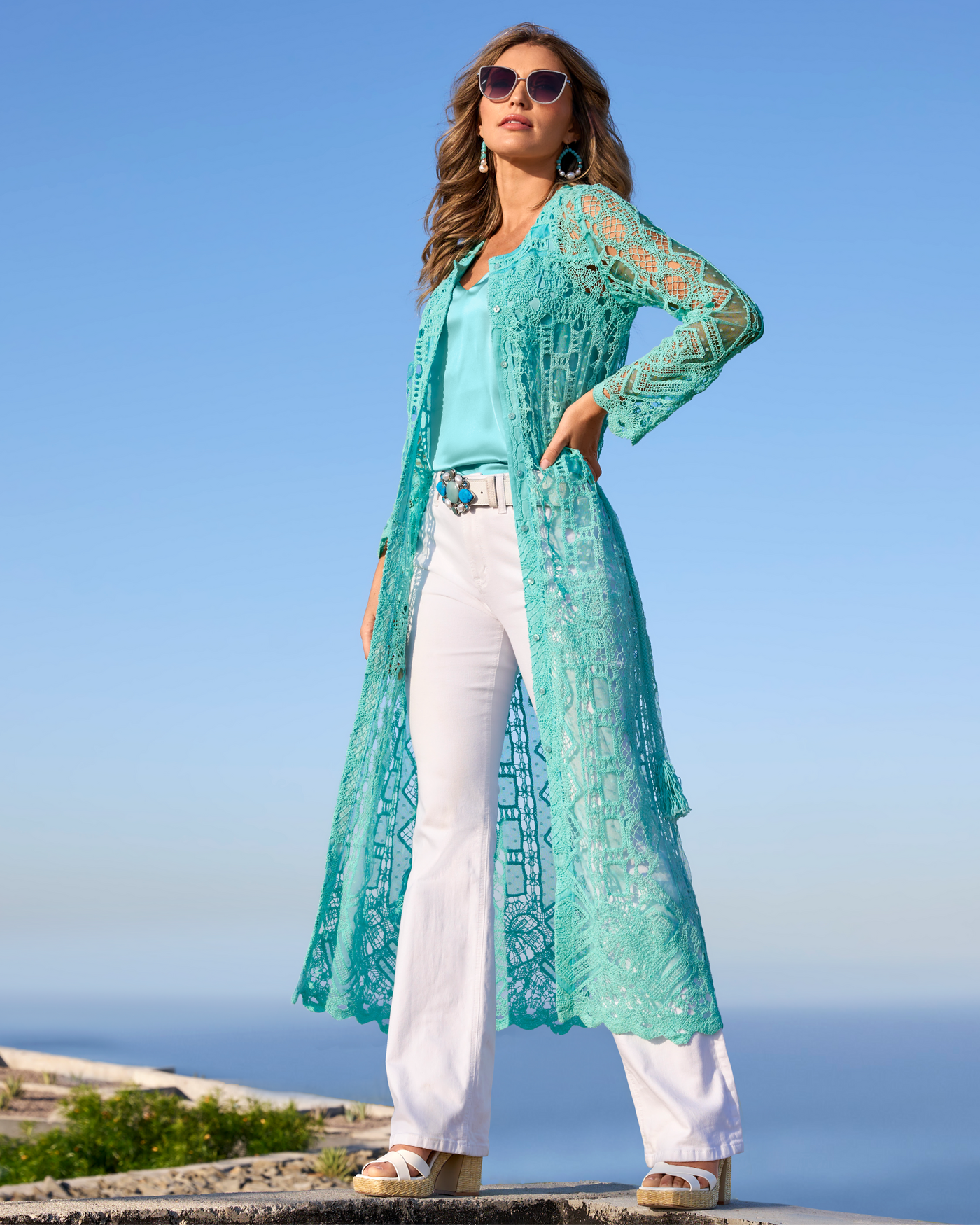 Mesh Crochet Mix Duster Tanager Turquoise