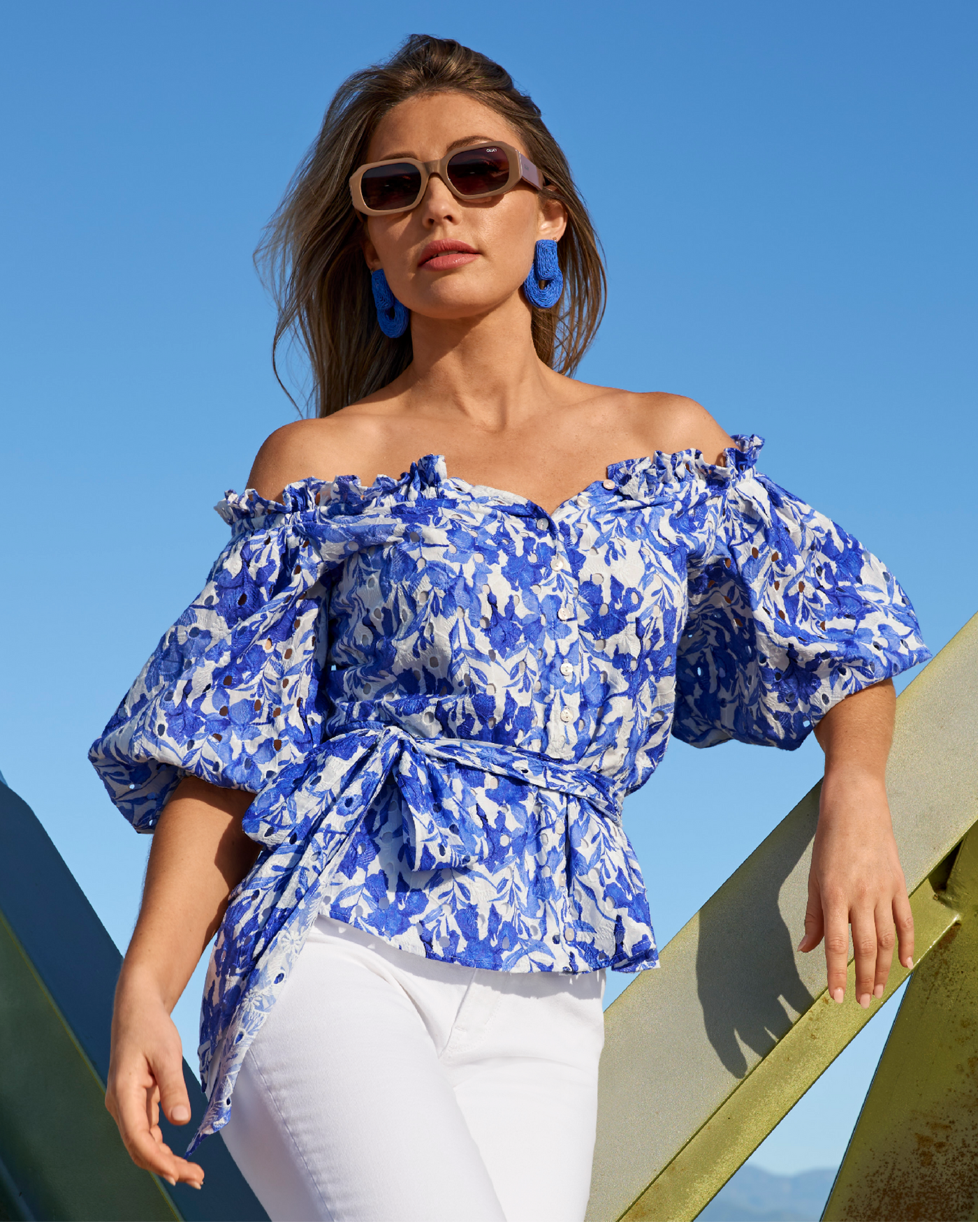 Ocean Fleurs Print Eyelet Puff Sleeve Tie Waist Peplum Blouse Blue