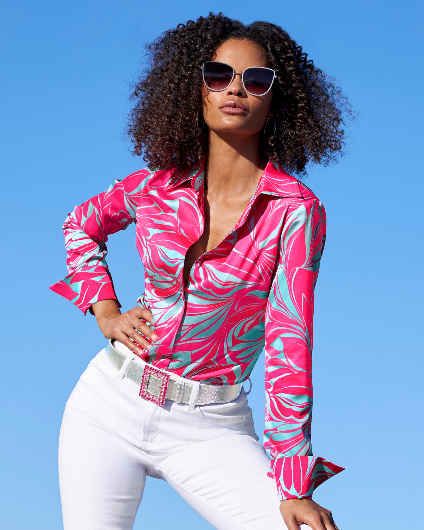 Sirena Abstract Print Sophia Button Up Charmeuse Blouse Blue/Pink