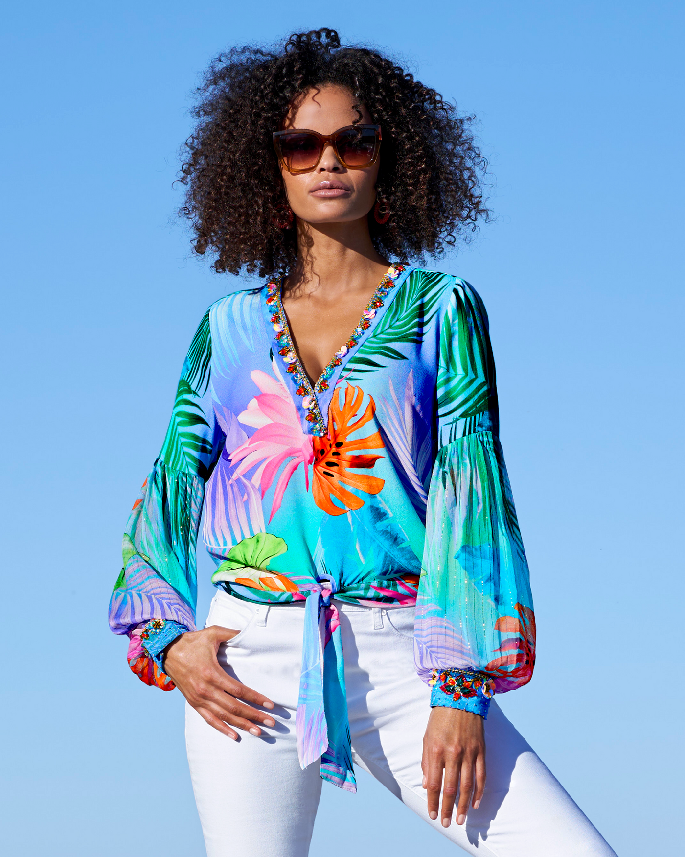 Tropical Summer Print Embellished Tie Front Blouse Blue Multi