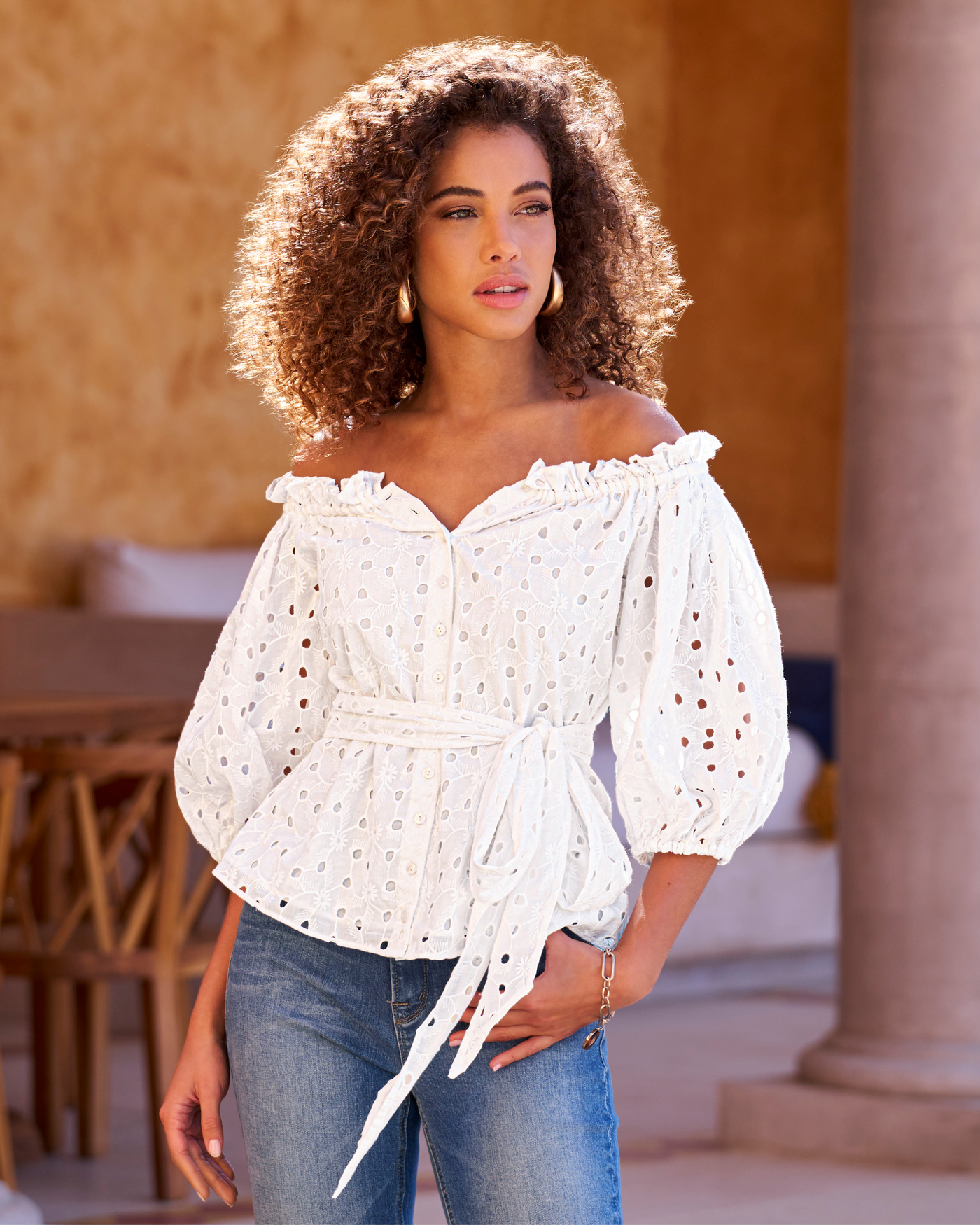 Eyelet Puff Sleeve Tie Waist Peplum Blouse White