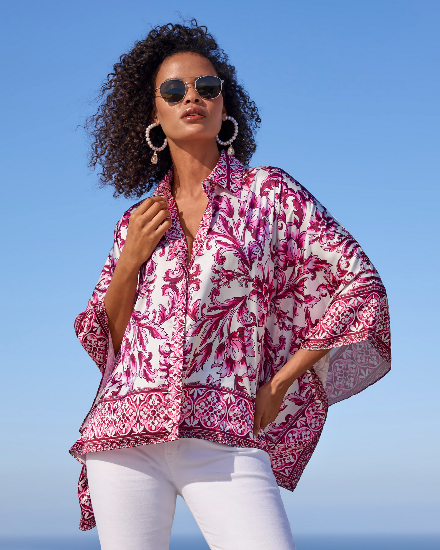 Bella Vita Border Print Roxy Poncho charmeuse blouse Pink Multi