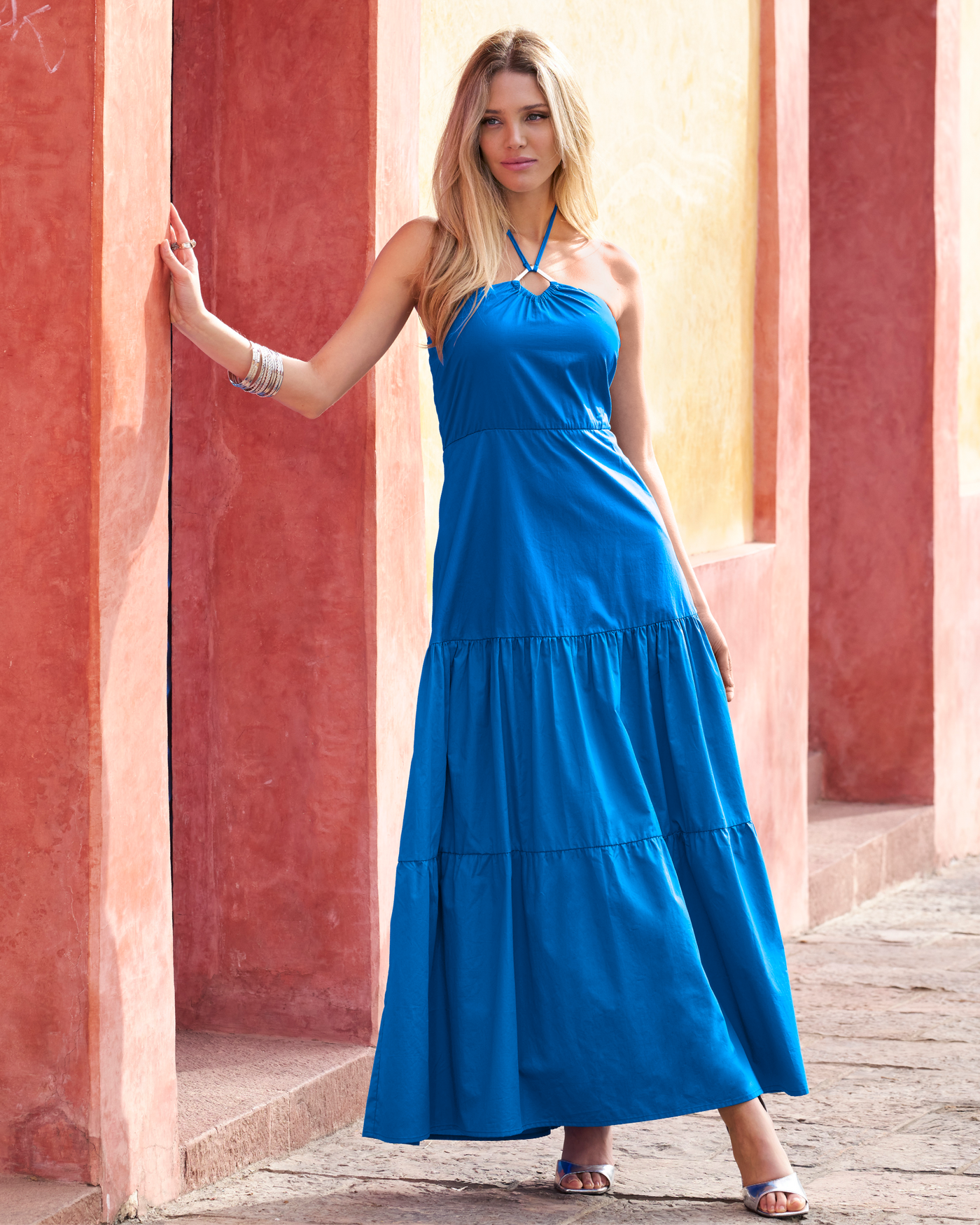 Hardware Halter Tiered Poplin Maxi Dress Indigo Bunting
