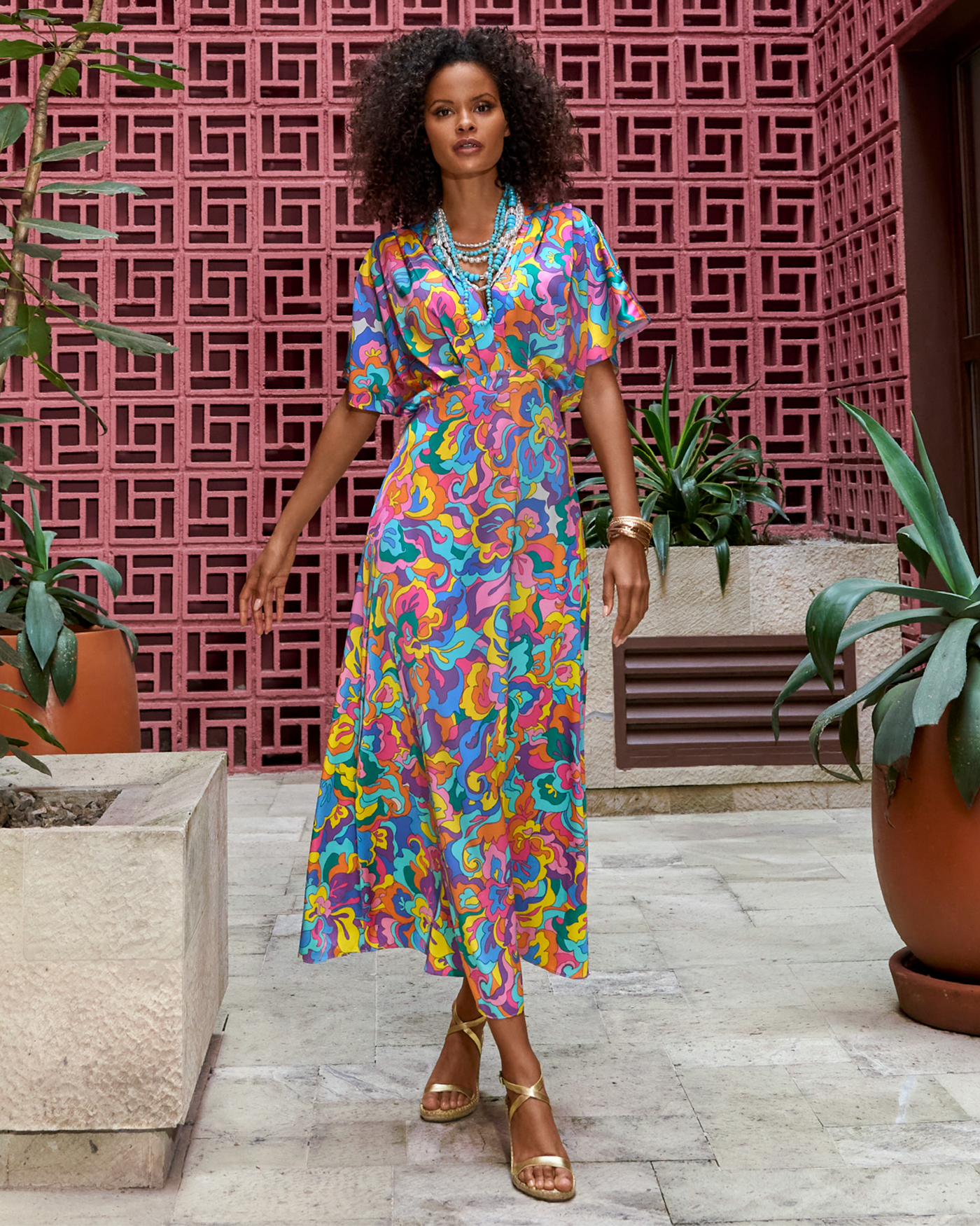 Abstract Sol Print V neck Ankle Length Dress Multi