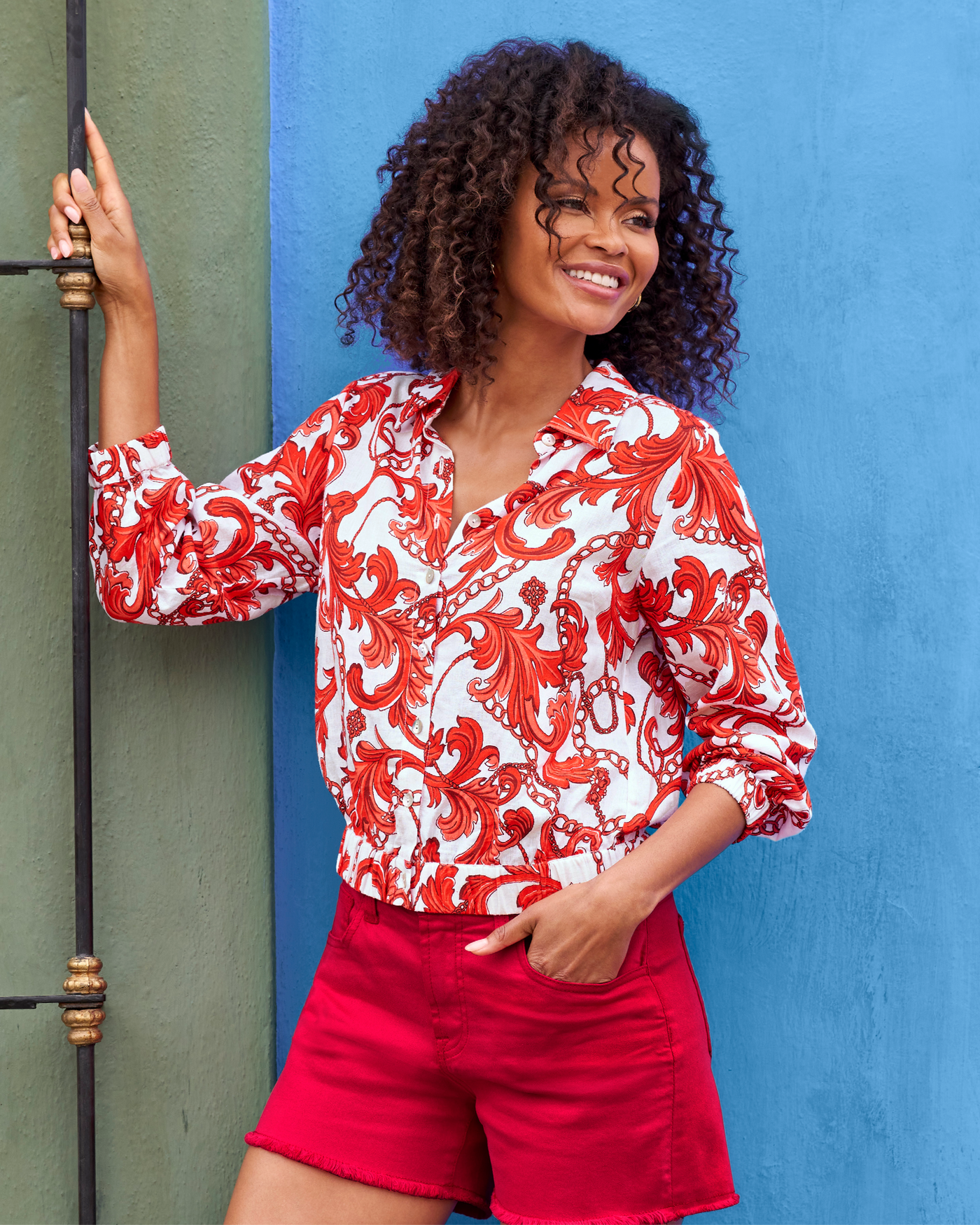 Summer Scrolls Print Blouson Button Up Shirt Red