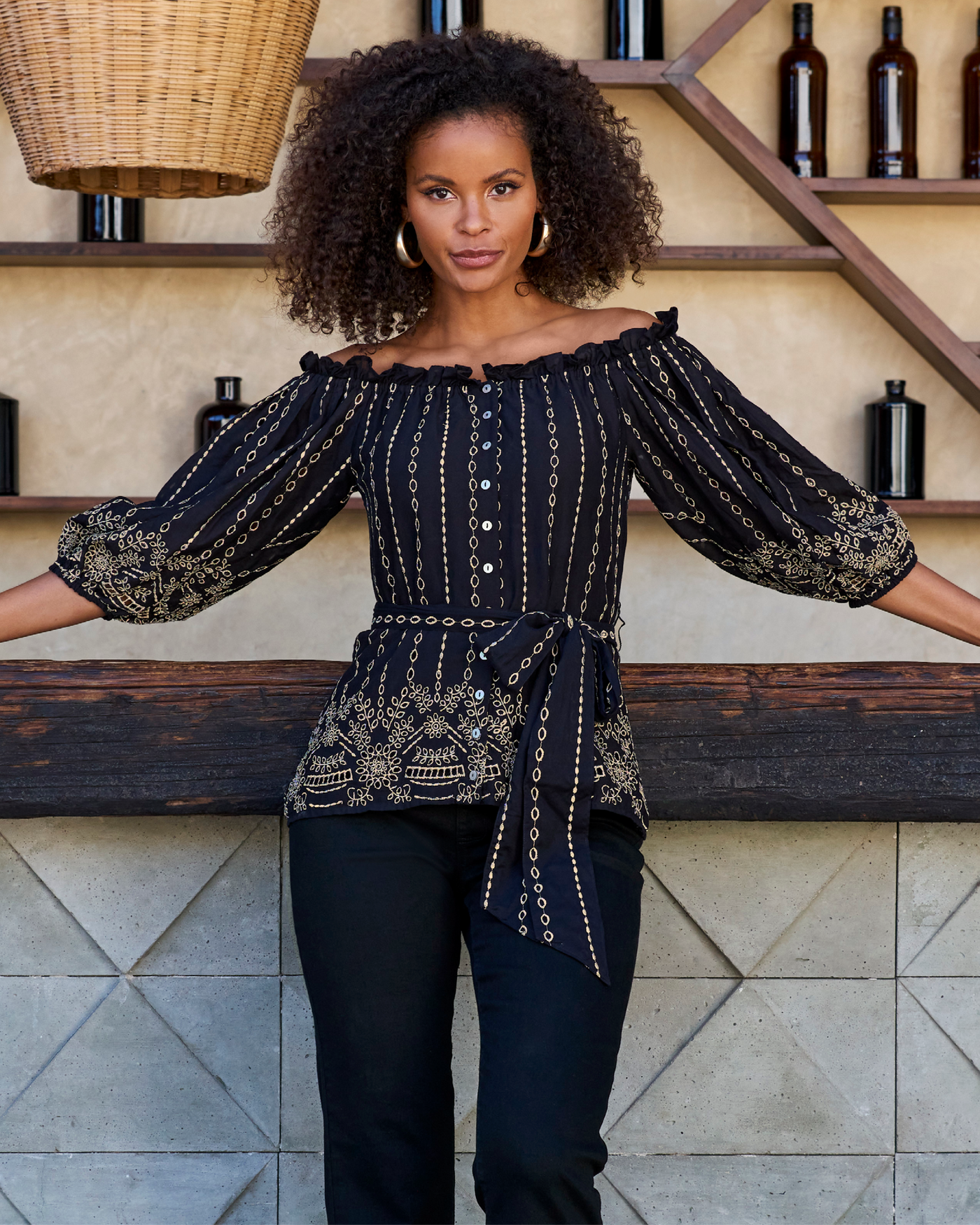 Metallic Eyelet Off The Shoulder Blouse Black/Gold