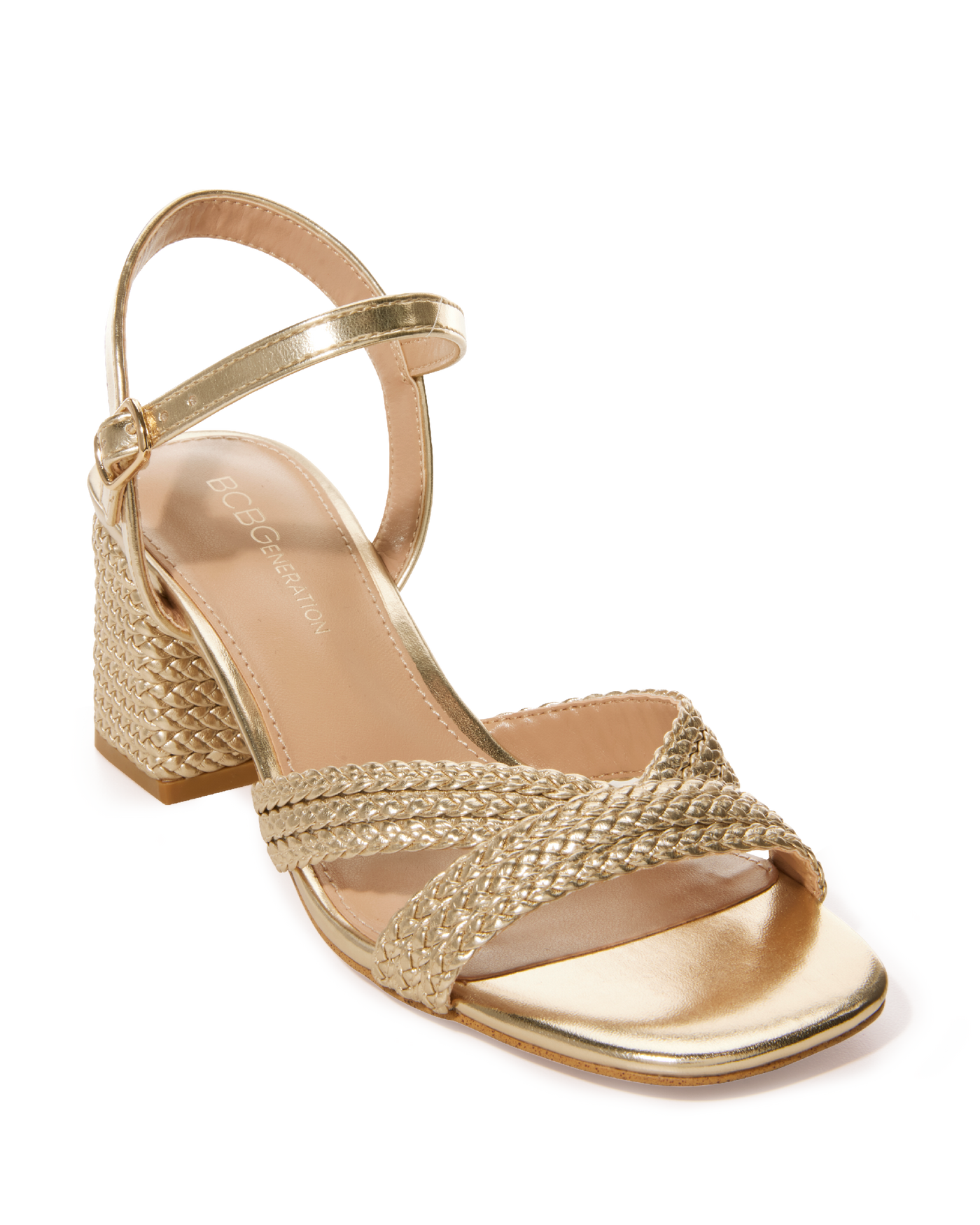 Braided Metallic Ankle Strap Block Heel Gold