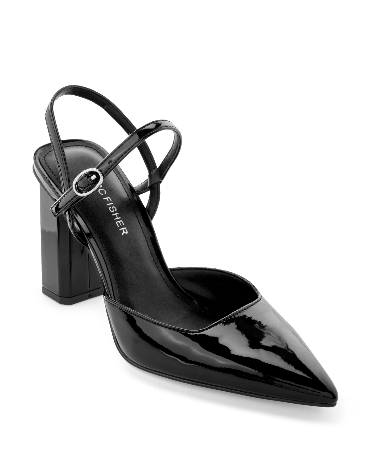 Pointed Toe Ankle Strap Block Heel Black
