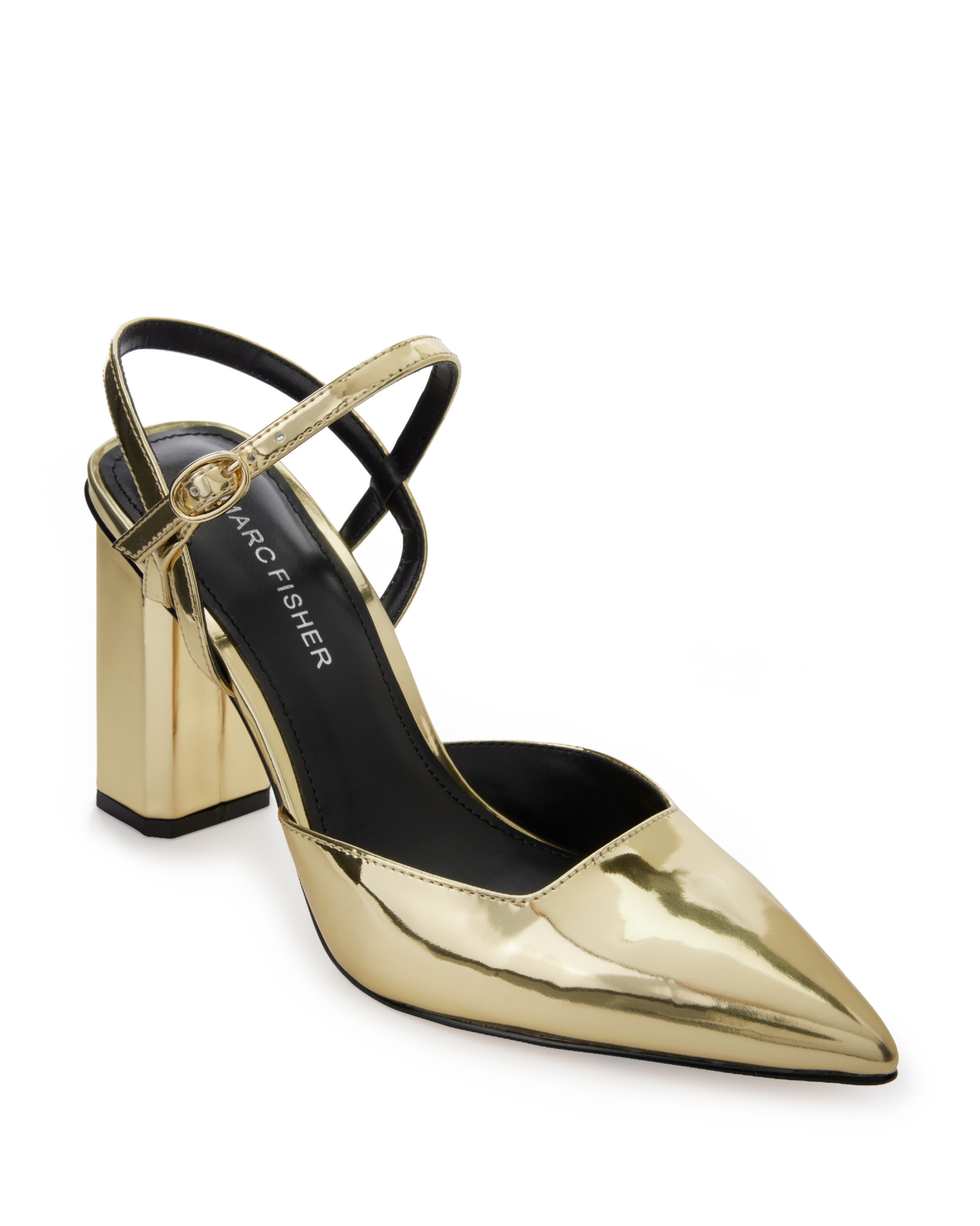 Pointed Toe Ankle Strap Block Heel Gold