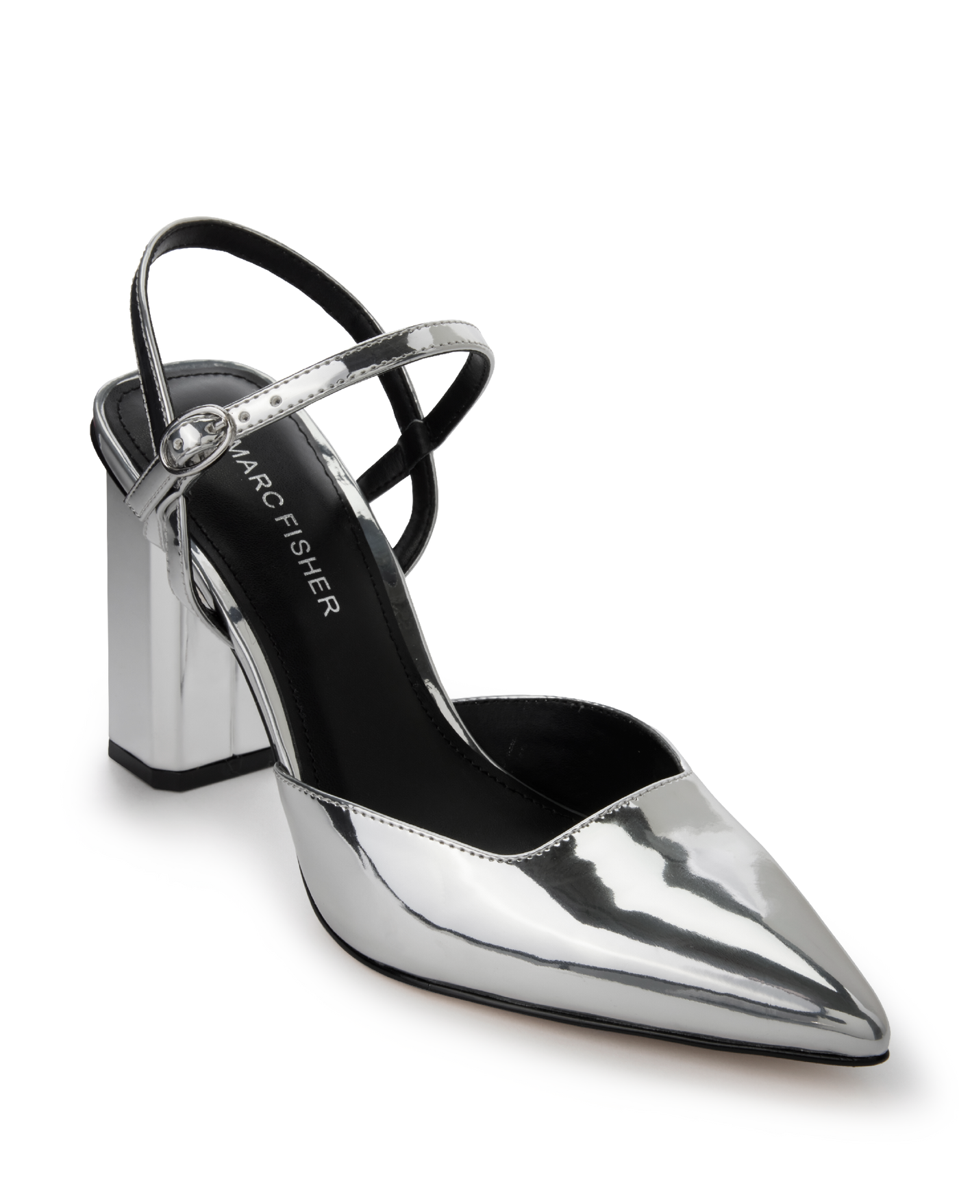 Pointed Toe Ankle Strap Block Heel Silver