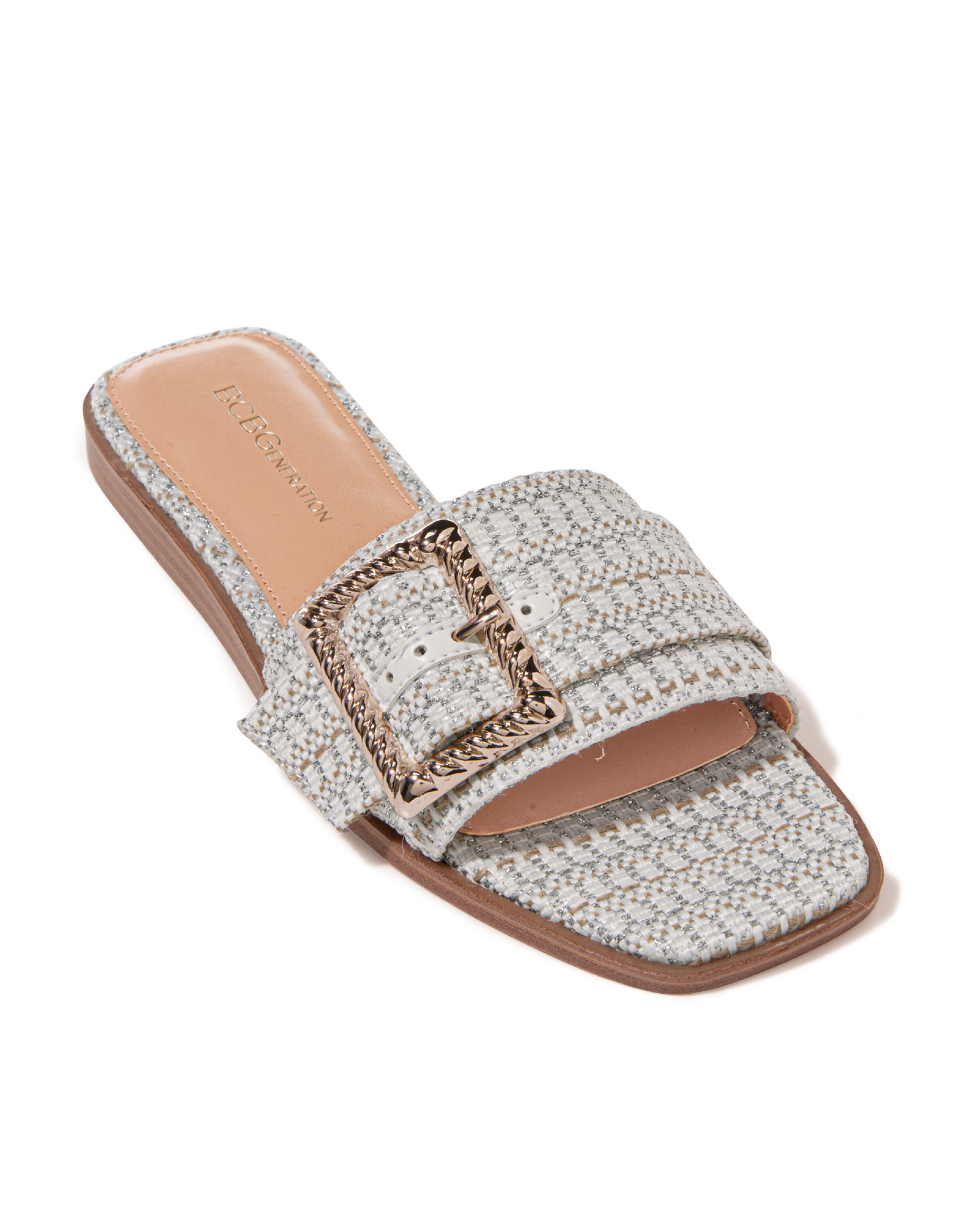 Tweed Buckle Slide Sandal White Multi