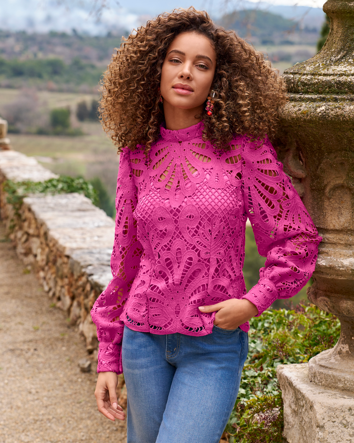 Mock Neck Lace Blouse - Raspberry Rose – Boston Proper