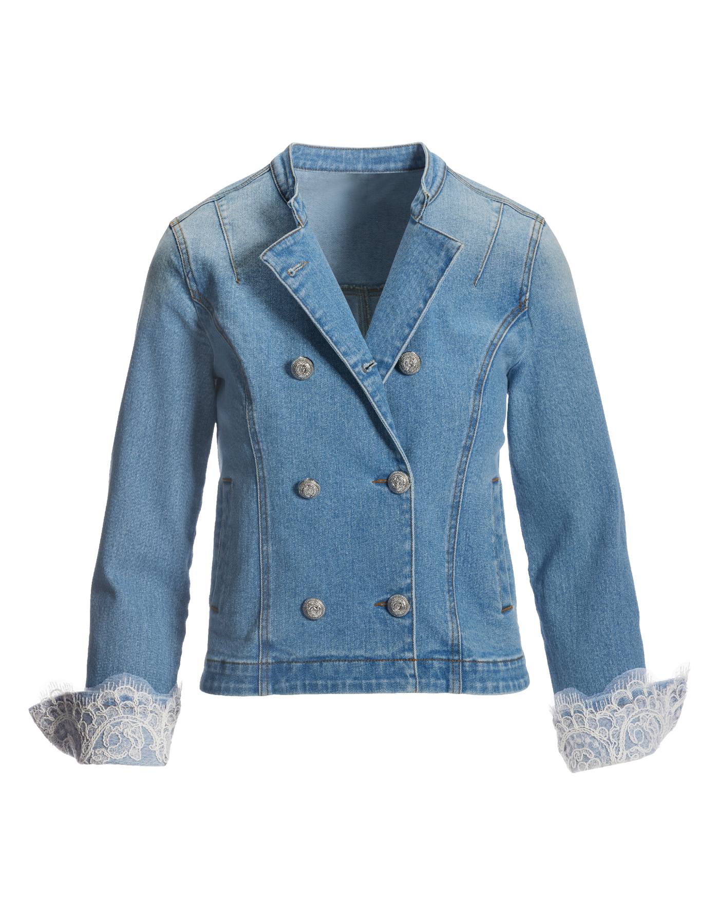 Double Breasted Lace Trim Denim Jacket - Medium Wash | Boston Proper