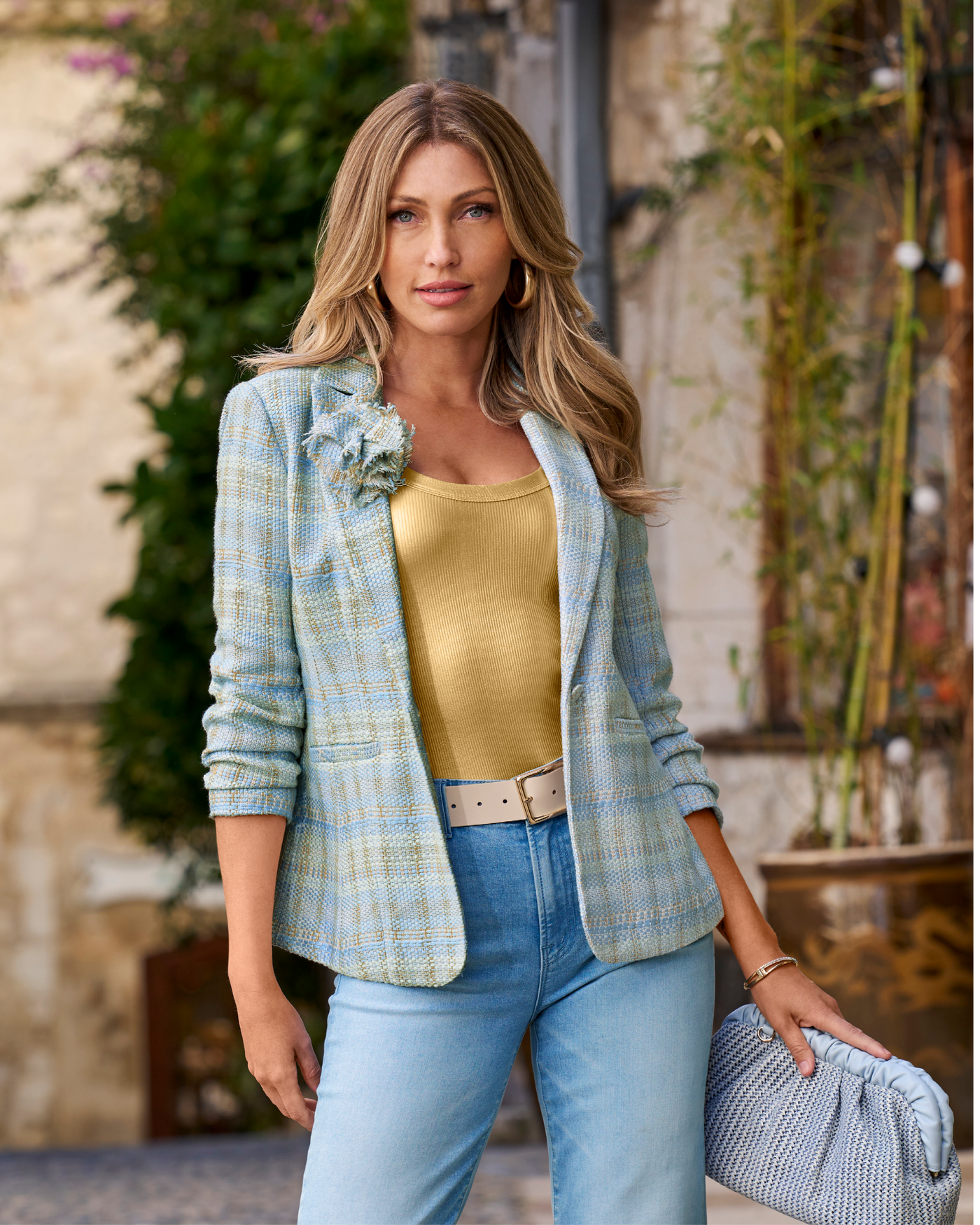 Tweed Ruched Sleeve Single Button Blazer Blue Multi