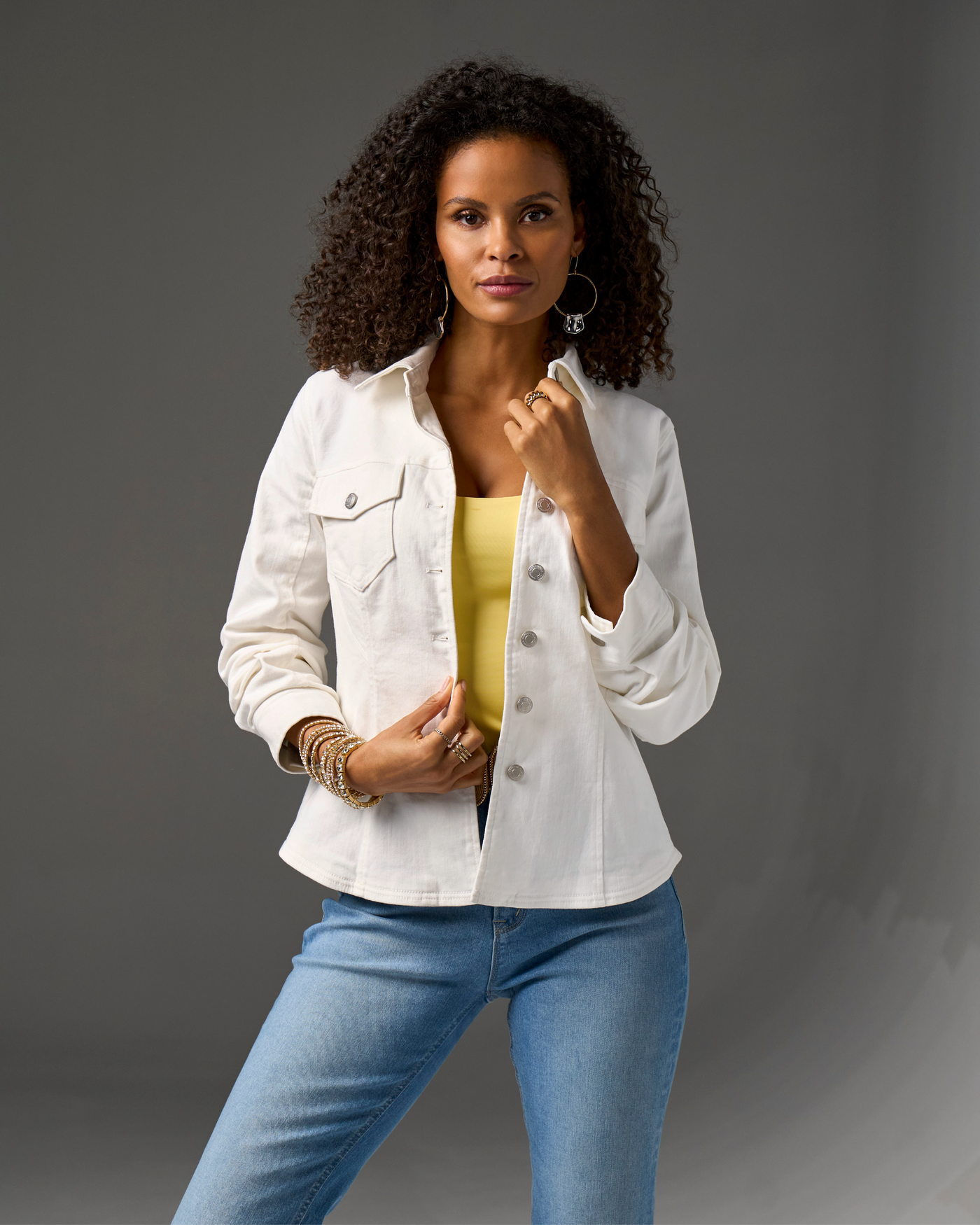 Ruched Sleeve Shaped Denim Jacket White