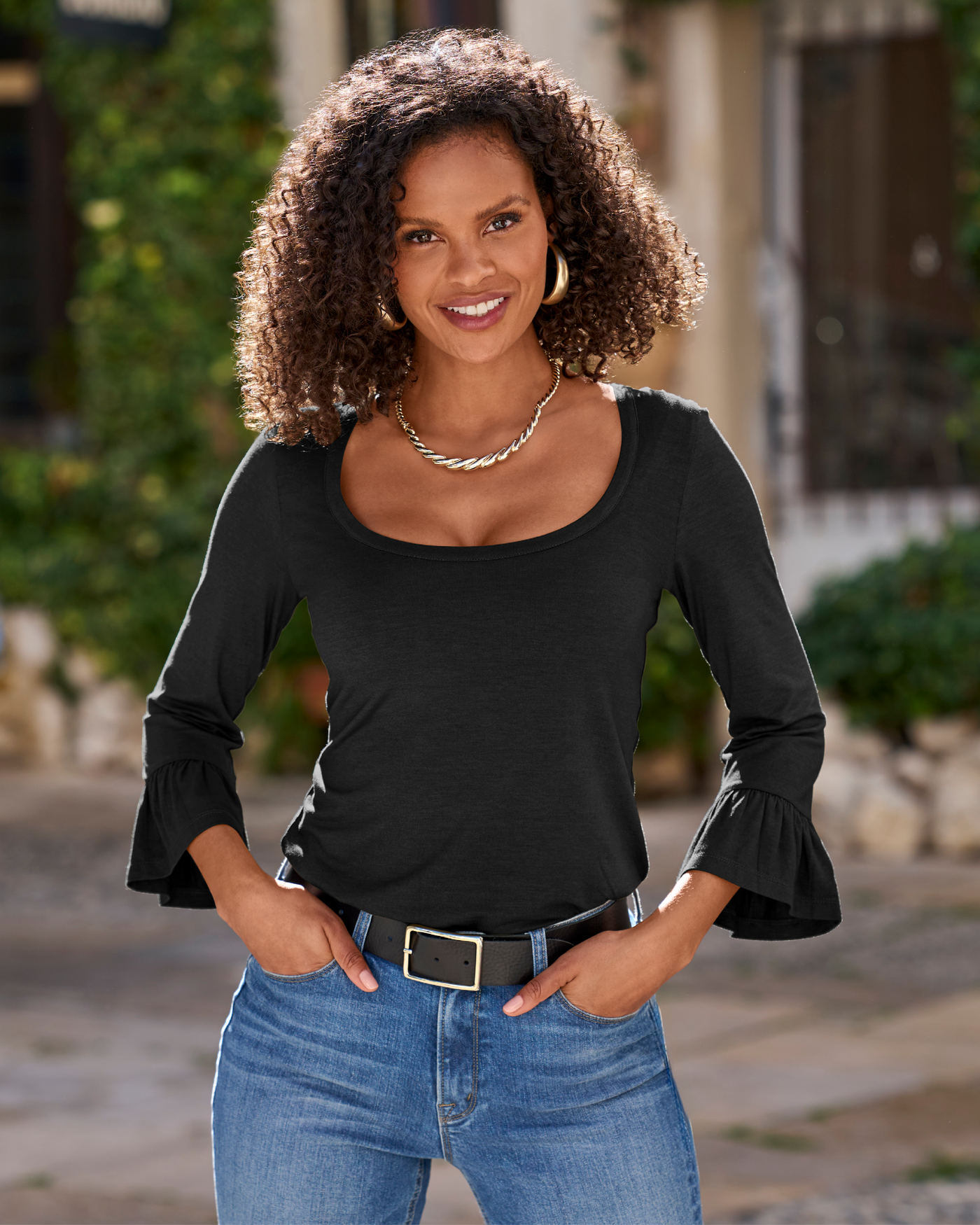 So Effortless Flare Sleeve Scoop Neck Knit Top Proper Black