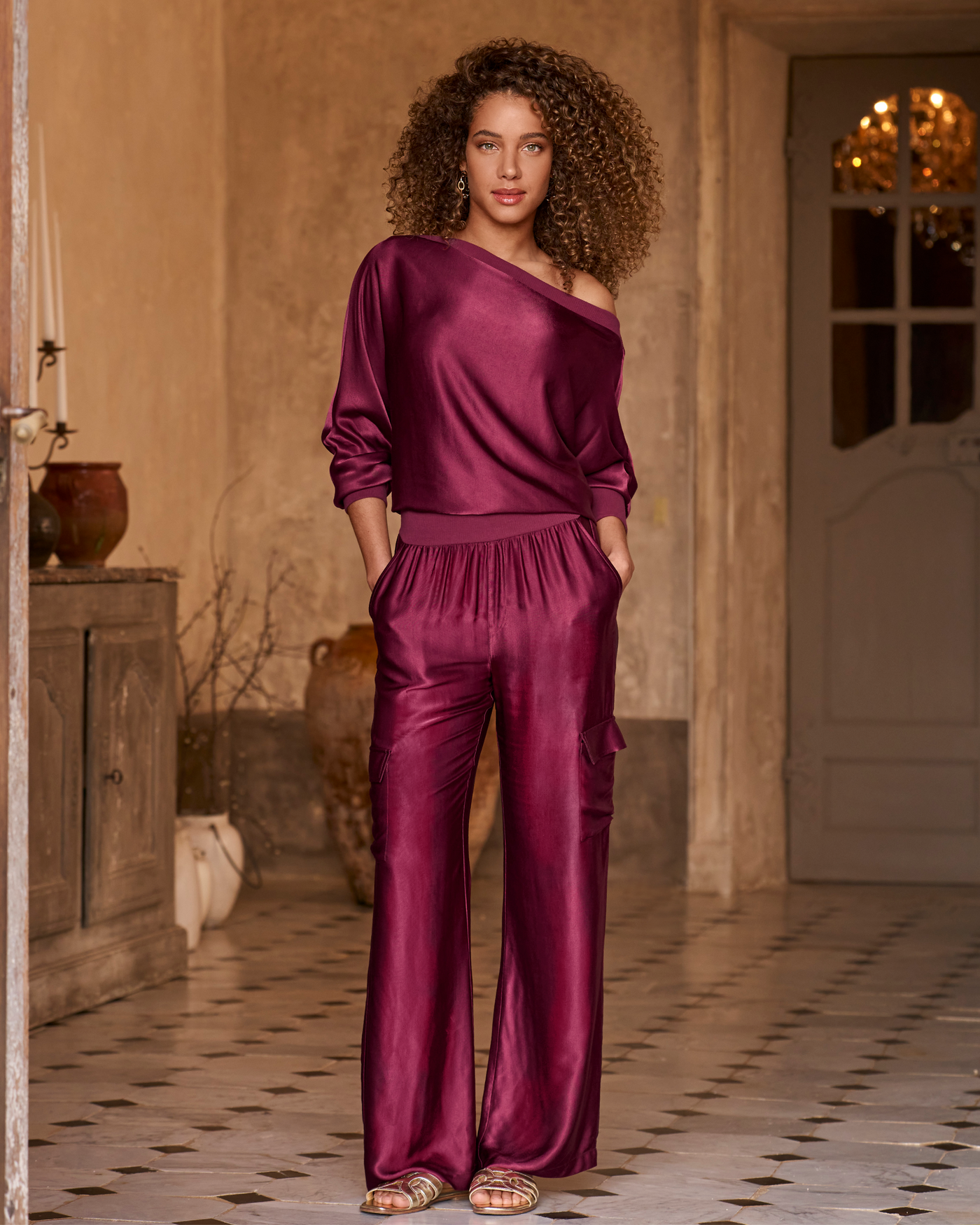 Slouchy Charmeuse Cargo Lounge Set Maroon