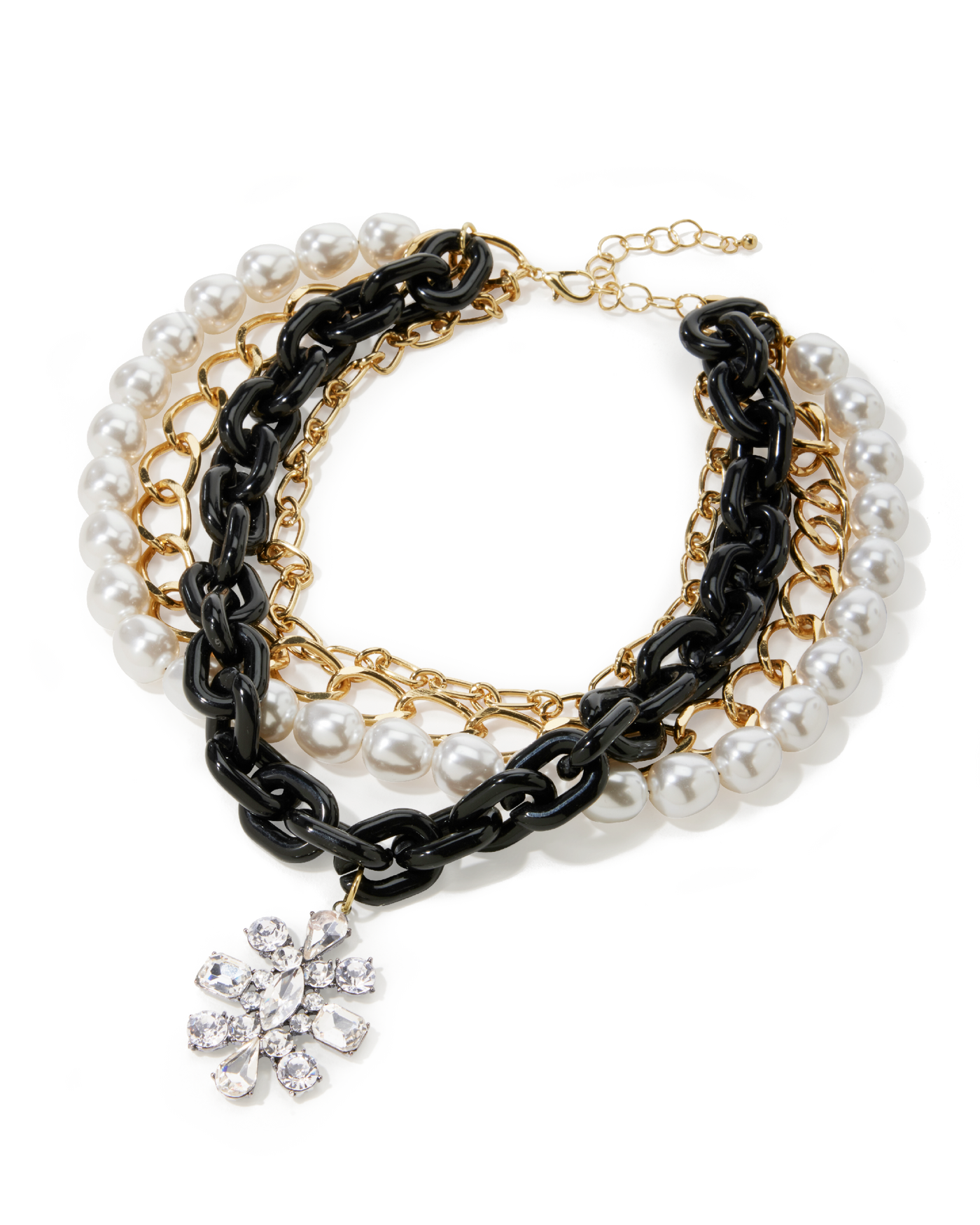 Gold Chains & Pearls Layered Necklace Black/White/Gold