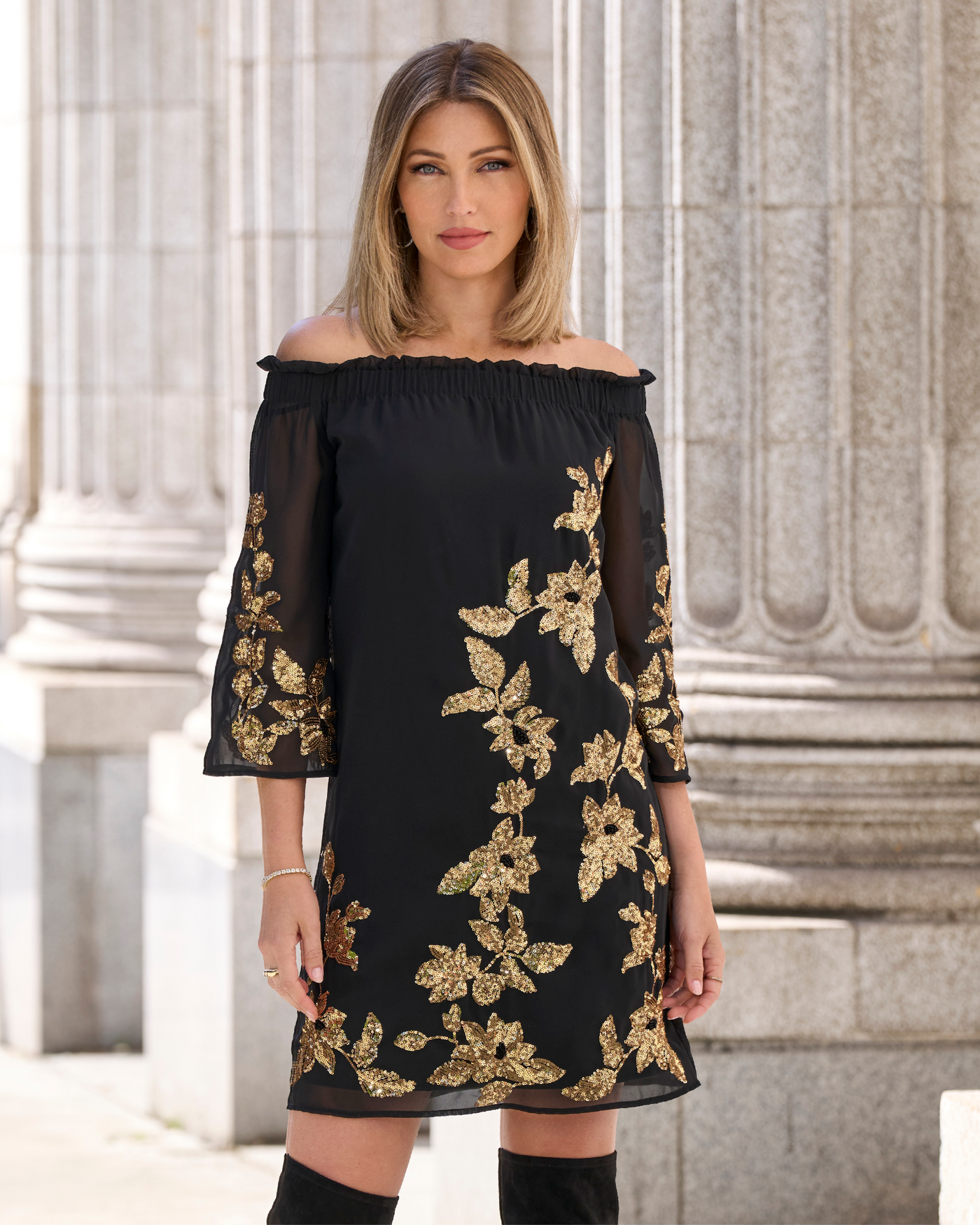 Gold Sequin Embellished Off the Shoulder Shift Dress Black