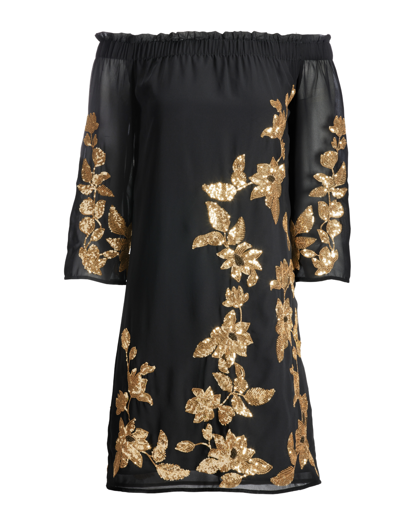 Gold Sequin Embellished Off the Shoulder Shift Dress Black – Boston Proper