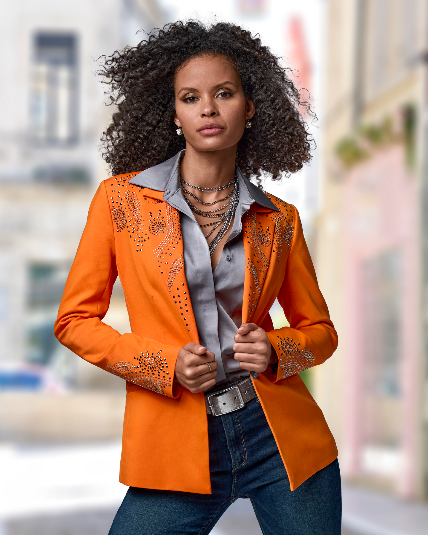 Embellished Modern Single Button Blazer Dark Orange