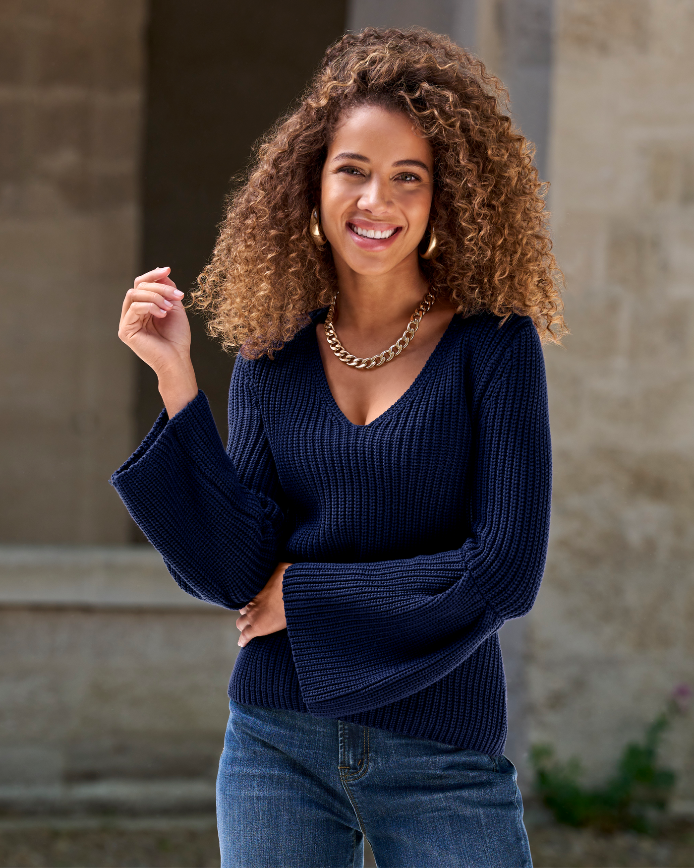 Flare Sleeve V Neck Sweater Navy