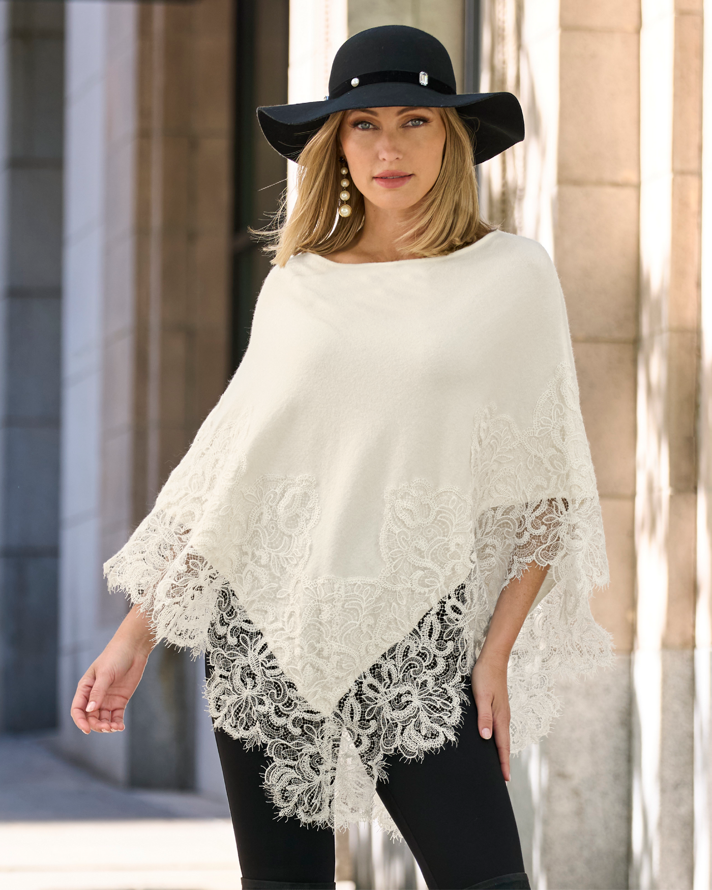 Lace Inset Poncho Off White
