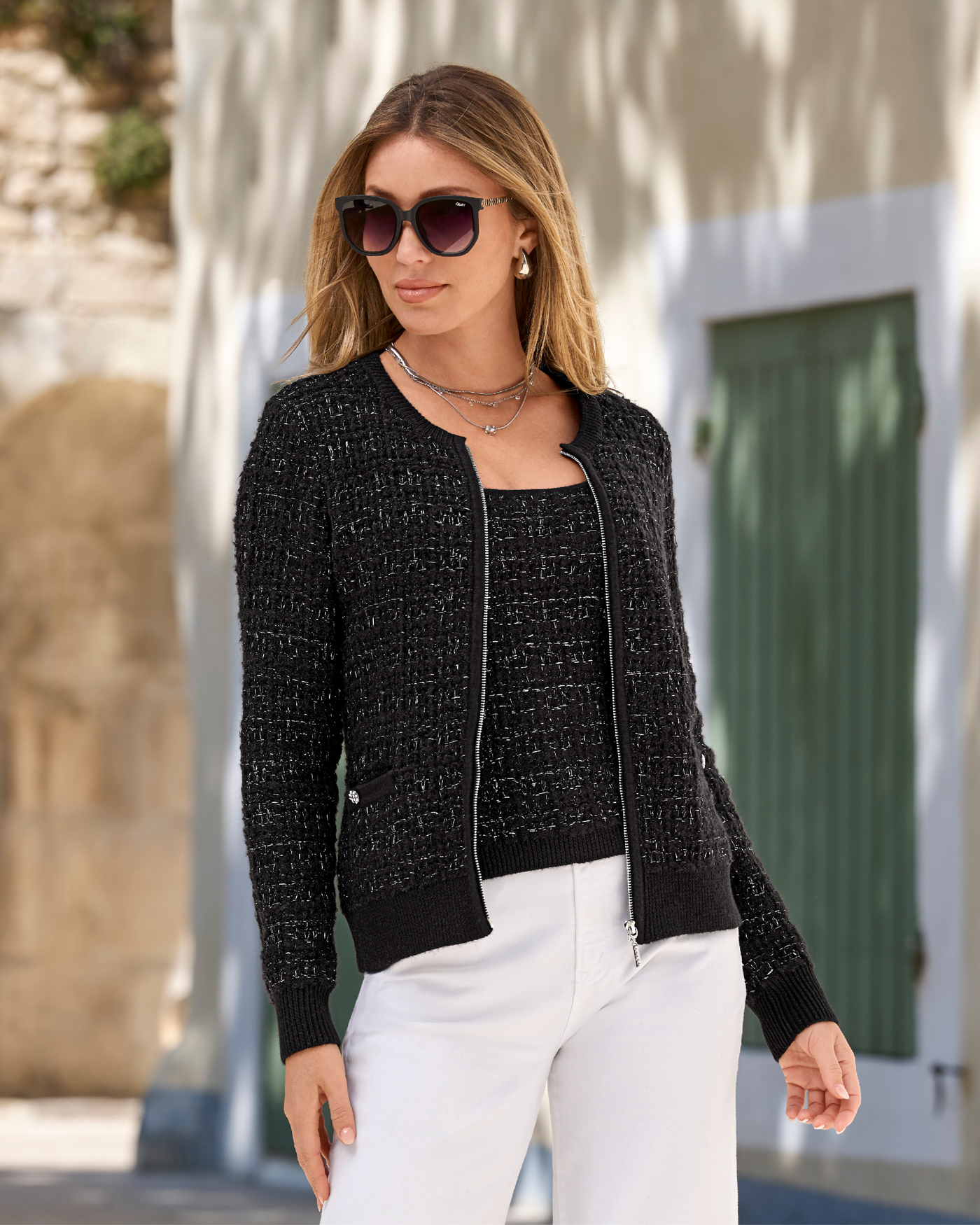 Sweater Tweed Zip Up Cardigan Black/Silver