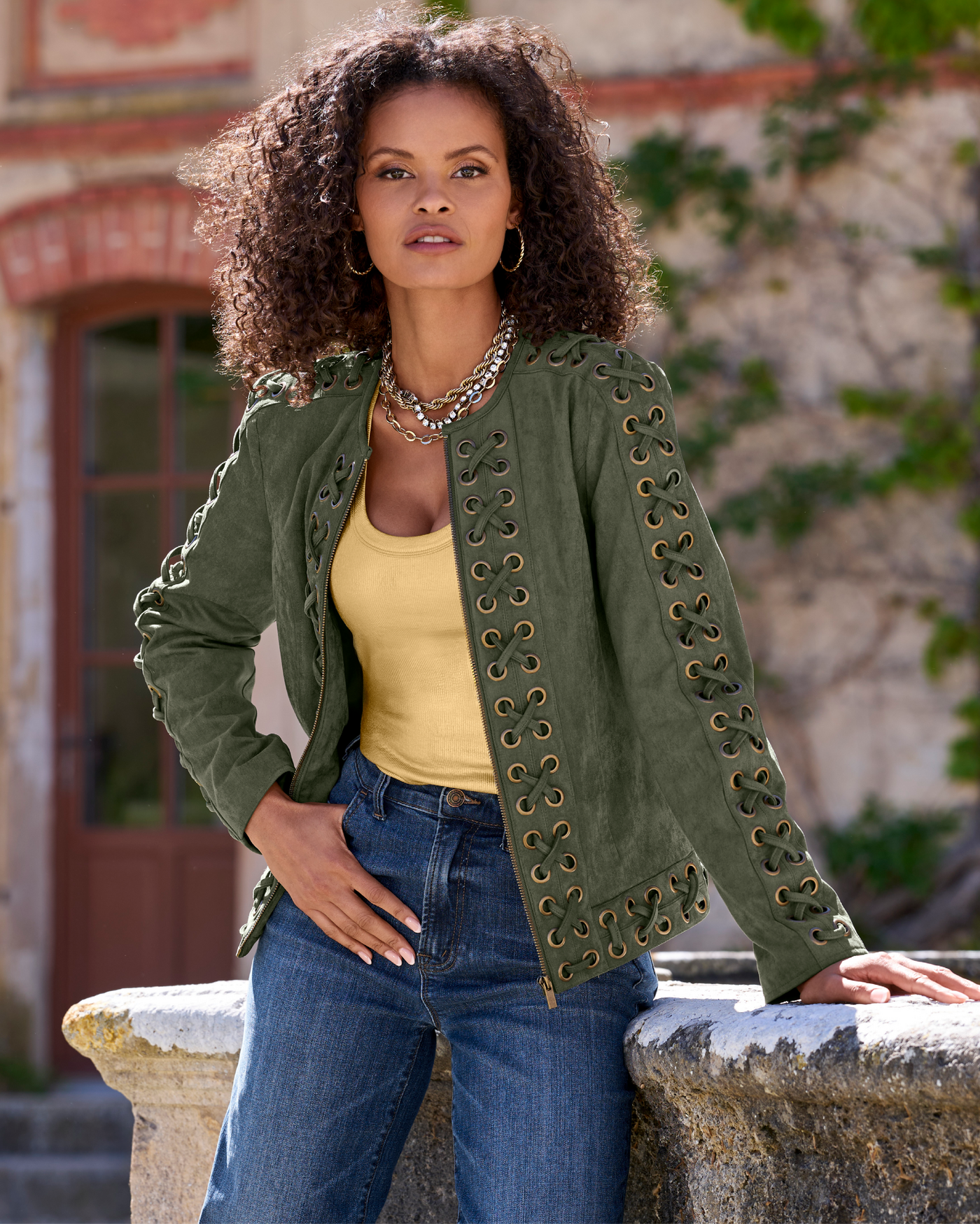Faux Suede Grommet Lace-Up Jacket Olive