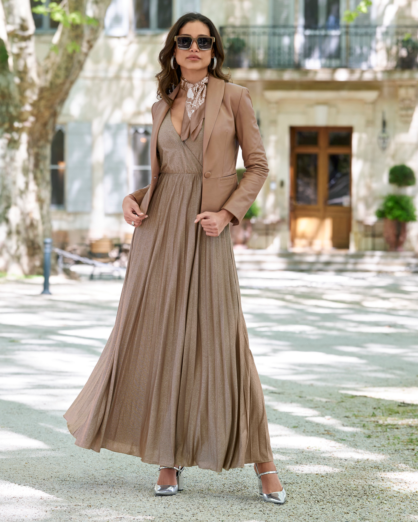 Shimmer Knit Pleated Maxi Dress Tan