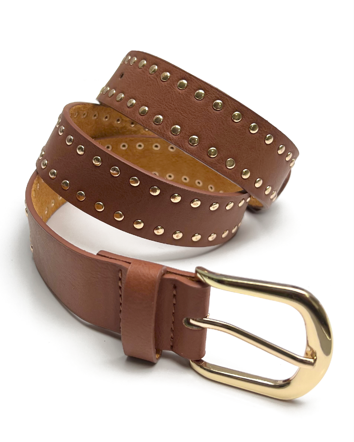 Gold Border Studded Belt Cognac Leather