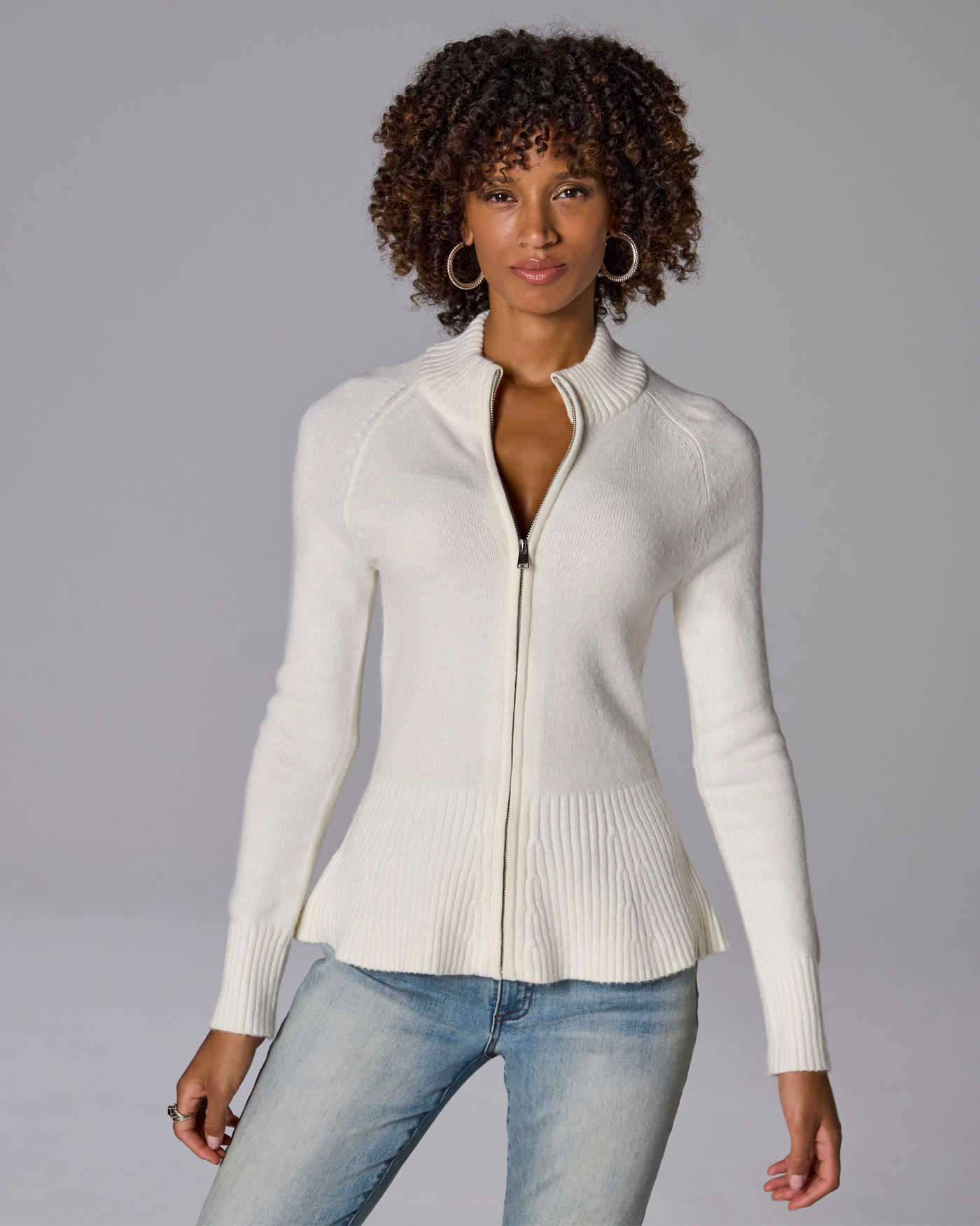 Rib Peplum Full Zip Cardigan Off White