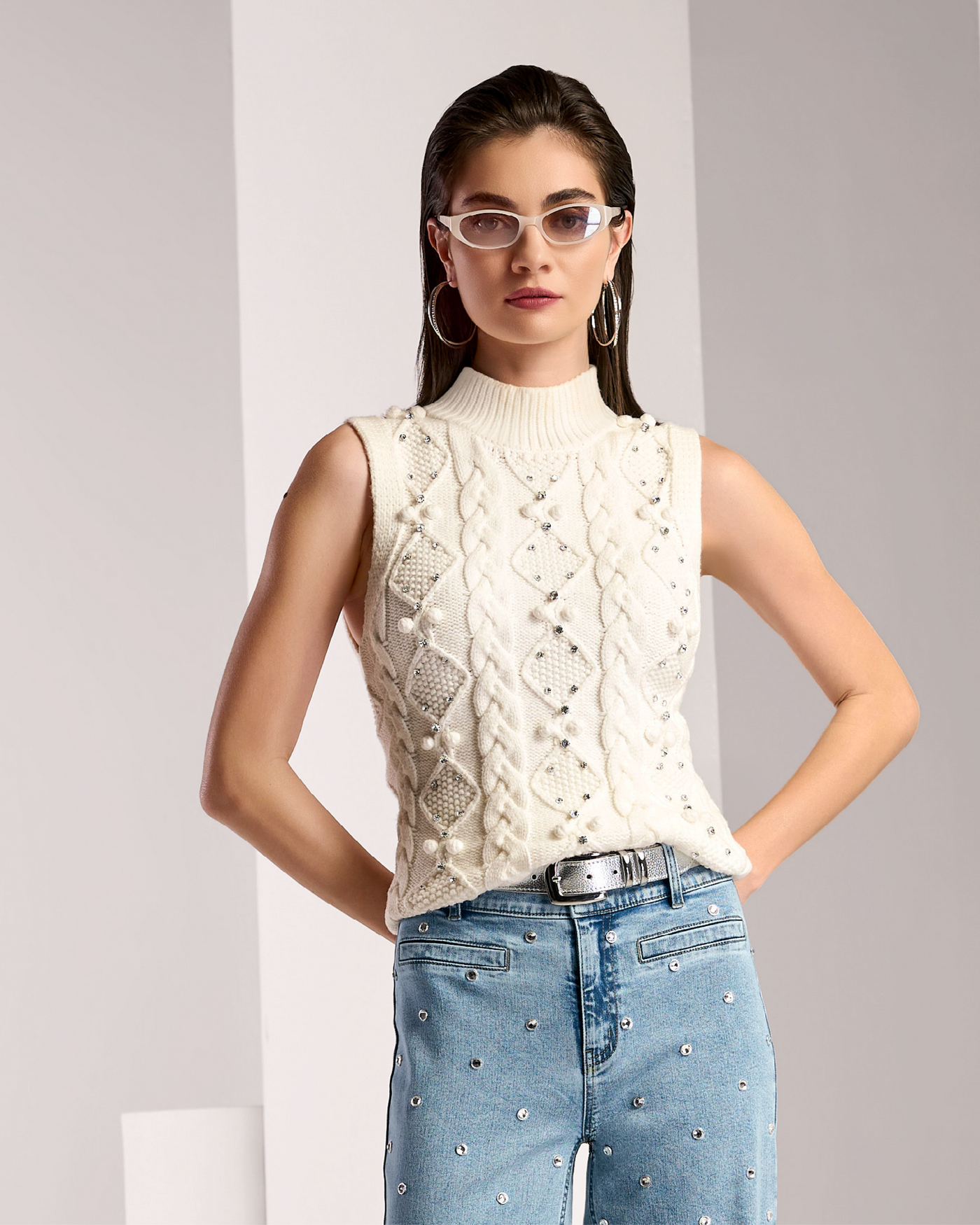 Embellished Cable Turtleneck Sweater Tank Off White