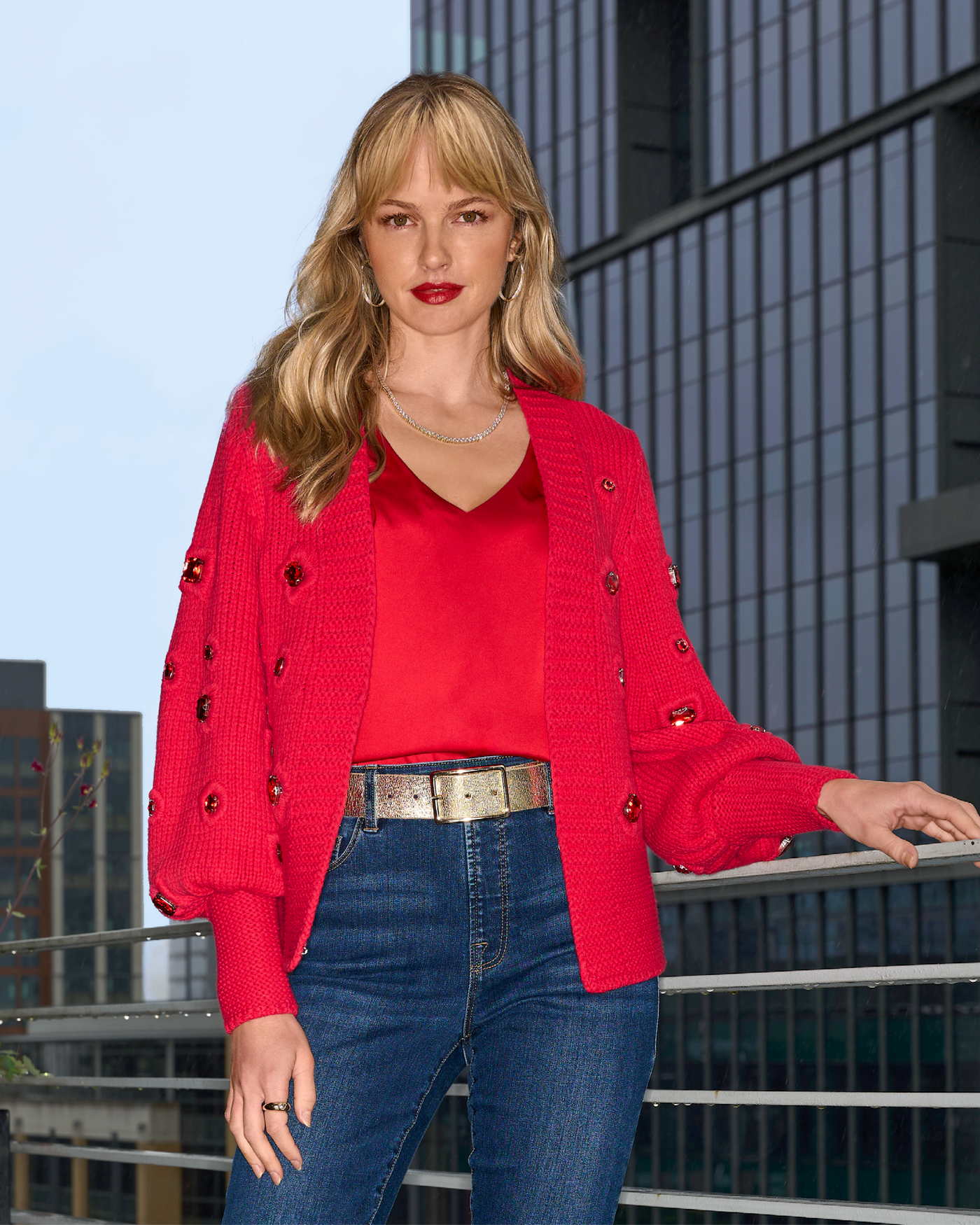 Gem Embellished Cardigan Racing Red