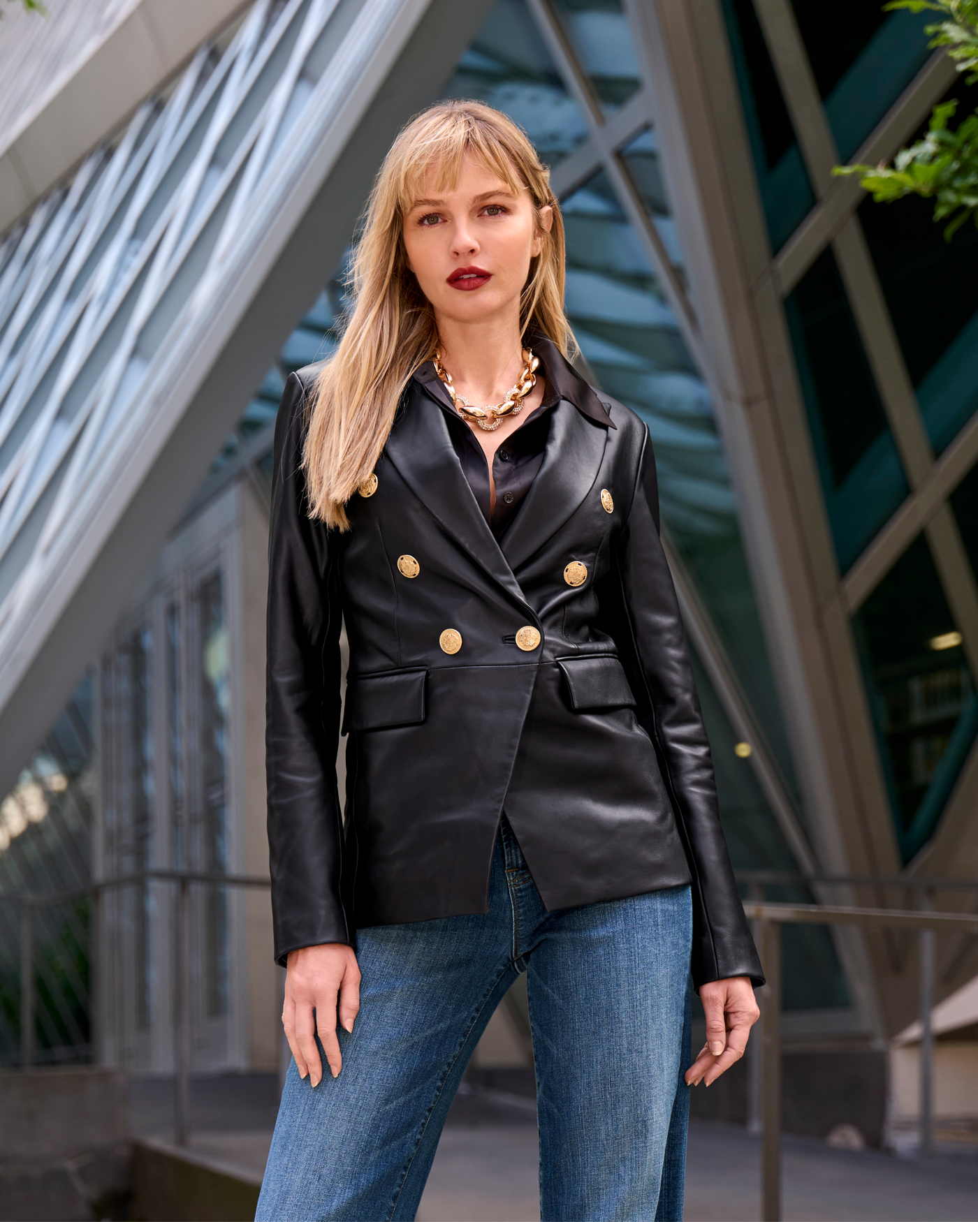 Genuine Leather Double Breasted Blazer Black